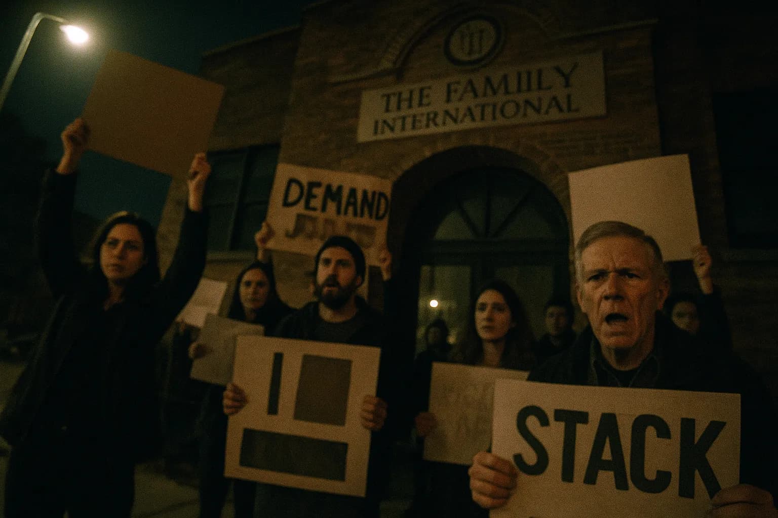 En gruppe demonstranter holder skilte med slagord, der kræver retfærdighed, står udenfor en bygning forbundet med organisationen The Family International, og afspejler deres kamp mod historisk børnemishandling begået af kulten.