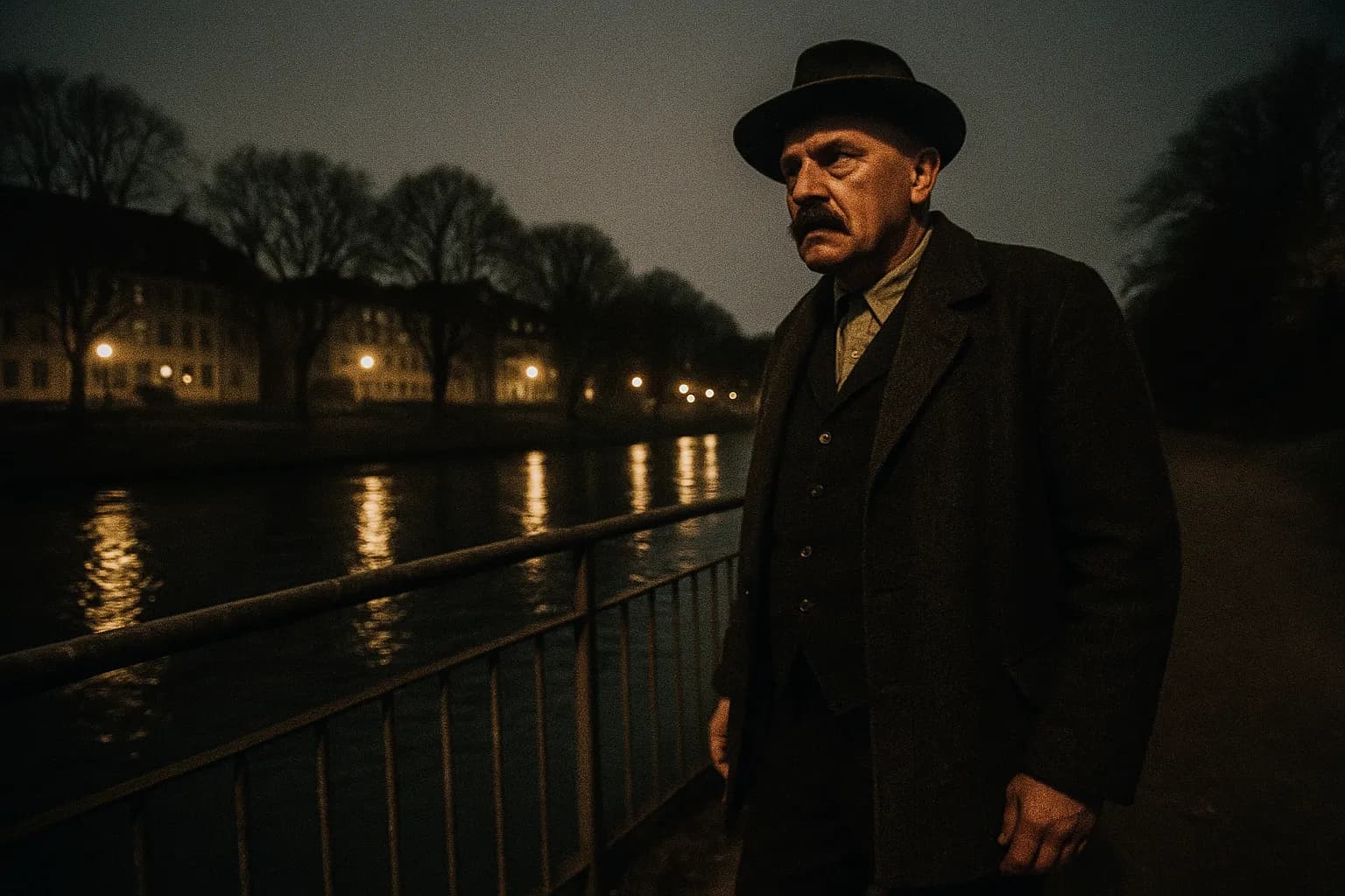 En skikkelse, der ligner Fritz Haarmann, står ved kanten af floden Leine i Hannover, Tyskland, hvor knogler blev opdaget i 1924, hvilket førte til hans arrestation og tilståelse som seriemorder.
