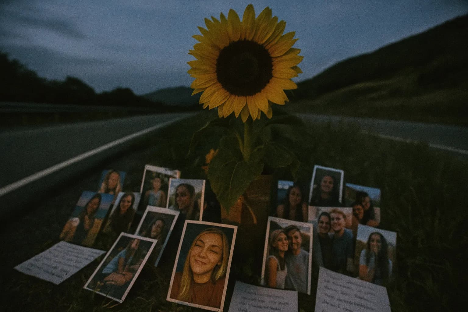Et solsikkeminde omgivet af fotografier og beskeder for Gabby Petito er placeret nær en naturskøn motorvej, hvilket indfanger den offentlige sorg og refleksion over hendes tragiske roadtrip og den nationale indvirkning af hendes sag.