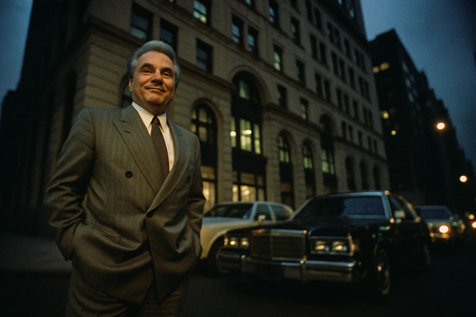 En skikkelse, der ligner John Gotti, står selvsikkert foran en bygning i New York City, skarpt klædt med et subtilt, vidende smil. I nærheden står luksusbiler på rad langs gaden og symboliserer hans æra af mafia-glamour og medieopmærksomhed.