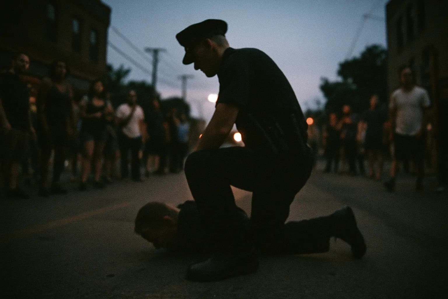 En skikkelse, der ligner Derek Chauvin, knæler på en gade i Minneapolis, en silhuet af en politibetjent i uniform fanget i et spændt, offentligt øjeblik, der tiltrækker en skare af bekymrede, delvist synlige tilskuere.