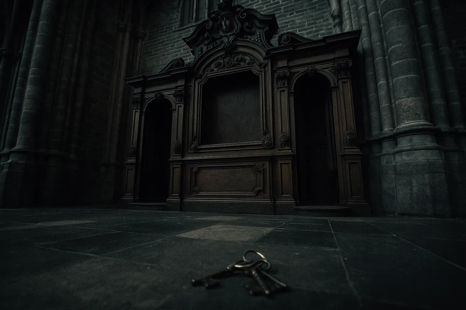 En træbekendelsesboks inde i Saint Bavos Katedral i Gent, med en indviklet udskåret panel, der mangler, hvor 'De Retfærdige Dommere' engang hang, og et sæt støvede nøgler kasseret på gulvet i nærheden