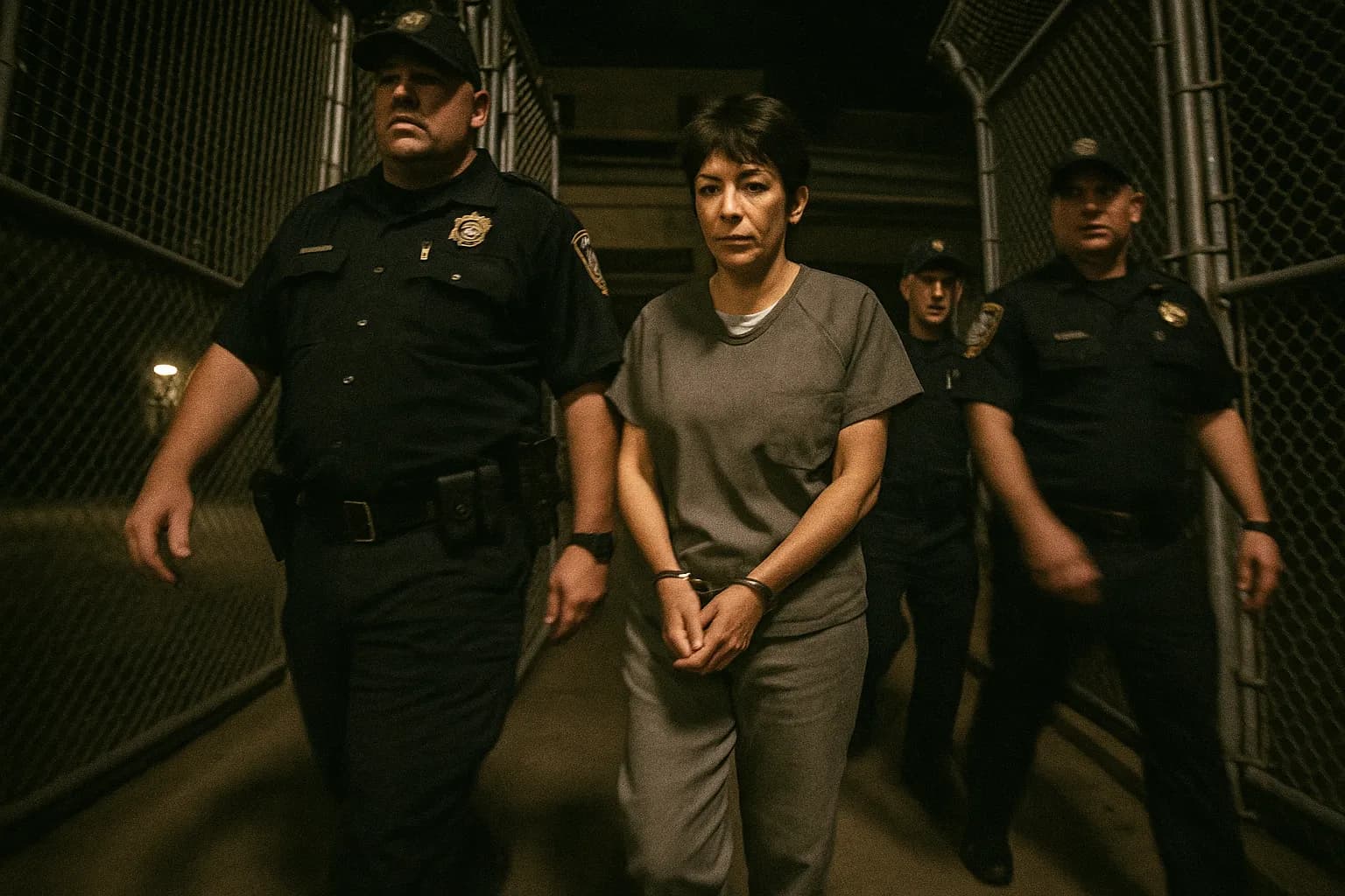 En skikkelse, der ligner Ghislaine Maxwell, klædt i fængselstøj, bliver eskorteret gennem en sikkerhedsport i en facilitet, omgivet af vagter, hvilket markerer afslutningen på hendes retssag og begyndelsen på hendes fængselsdom.