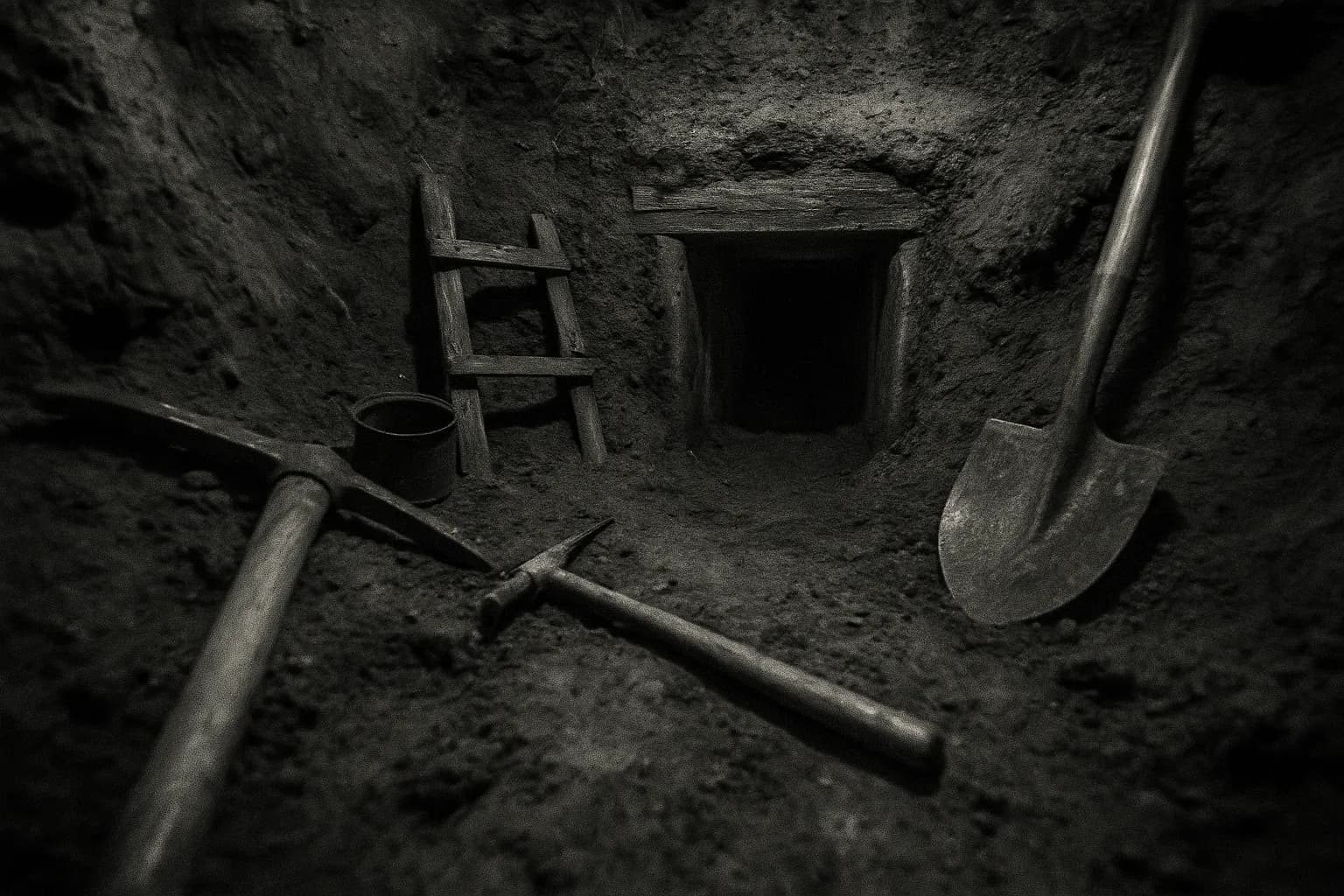 En smal, delvist skjult tunnelingang ved Stalag Luft III, omgivet af improviserede værktøjer og jord, der symboliserer flugtruten brugt af 76 allierede fanger under Anden Verdenskrig.