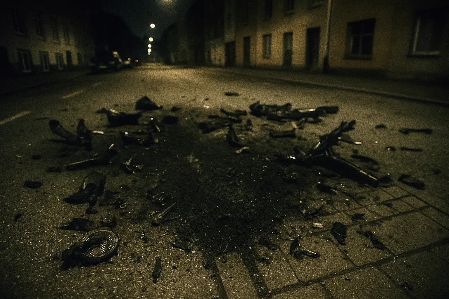 En svedet sektion af fortovet på Titangade i Danmark, markeret af affald og svedemærker fra et raketangreb under den store nordiske bikerkrig, med spredte skår af motorcykeldele synlige.