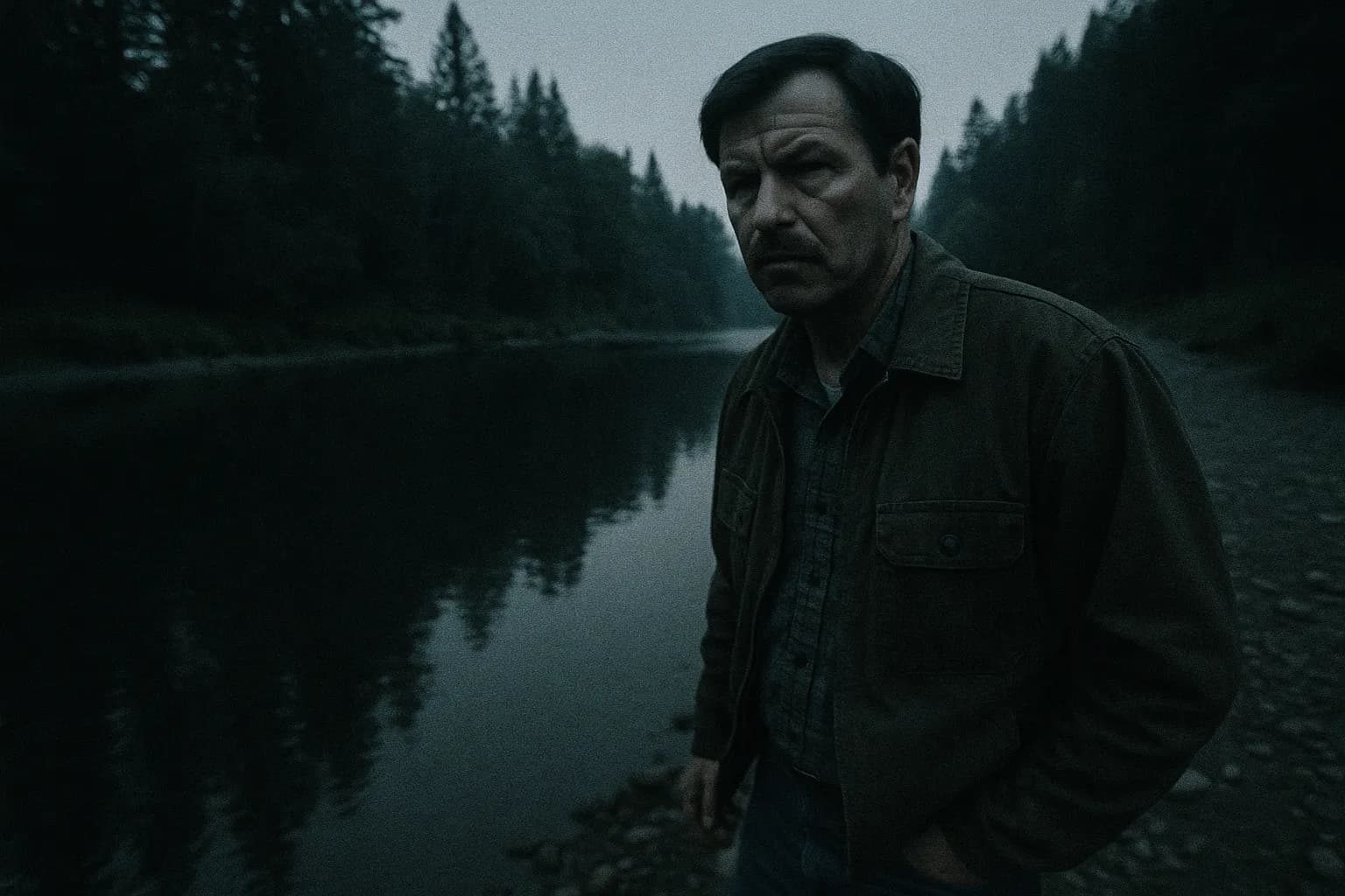 En skikkelse, der ligner Gary Leon Ridgway, står ved en rolig del af Green River, tætte skove i baggrunden, hvilket fremkalder starten på jagten på seriemorderen i 1982.