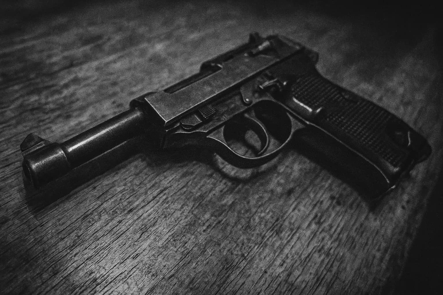 En vintage Walther P38-pistol på et slidt træbord, dens kolde metal reflekterer tyngden af et uopklaret mysterium, som symboliserer Højbjerg-mordet og den forsvundne morder.