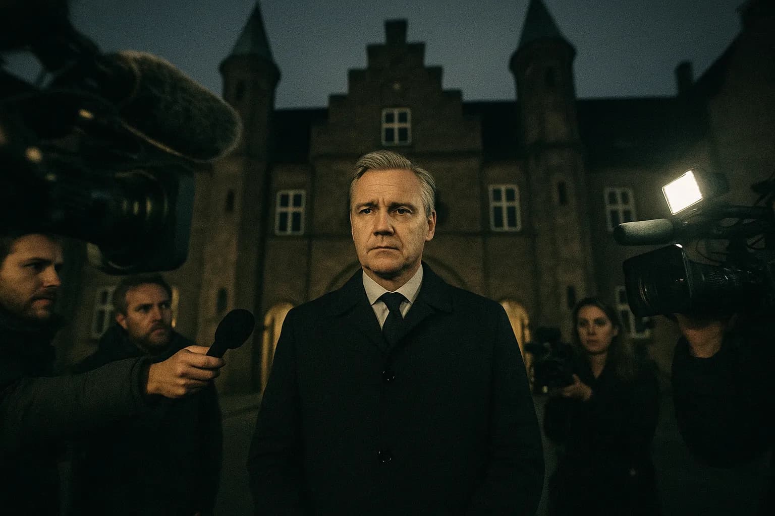 En skikkelse, der ligner Mikkel Kjellberg, står højtideligt ved indgangen til Herlufsholm Skole, omgivet af nyhedskameraer og journalister, der fanger øjeblikket af hans implicerede lederskab i en skandale om misbrug og vold.