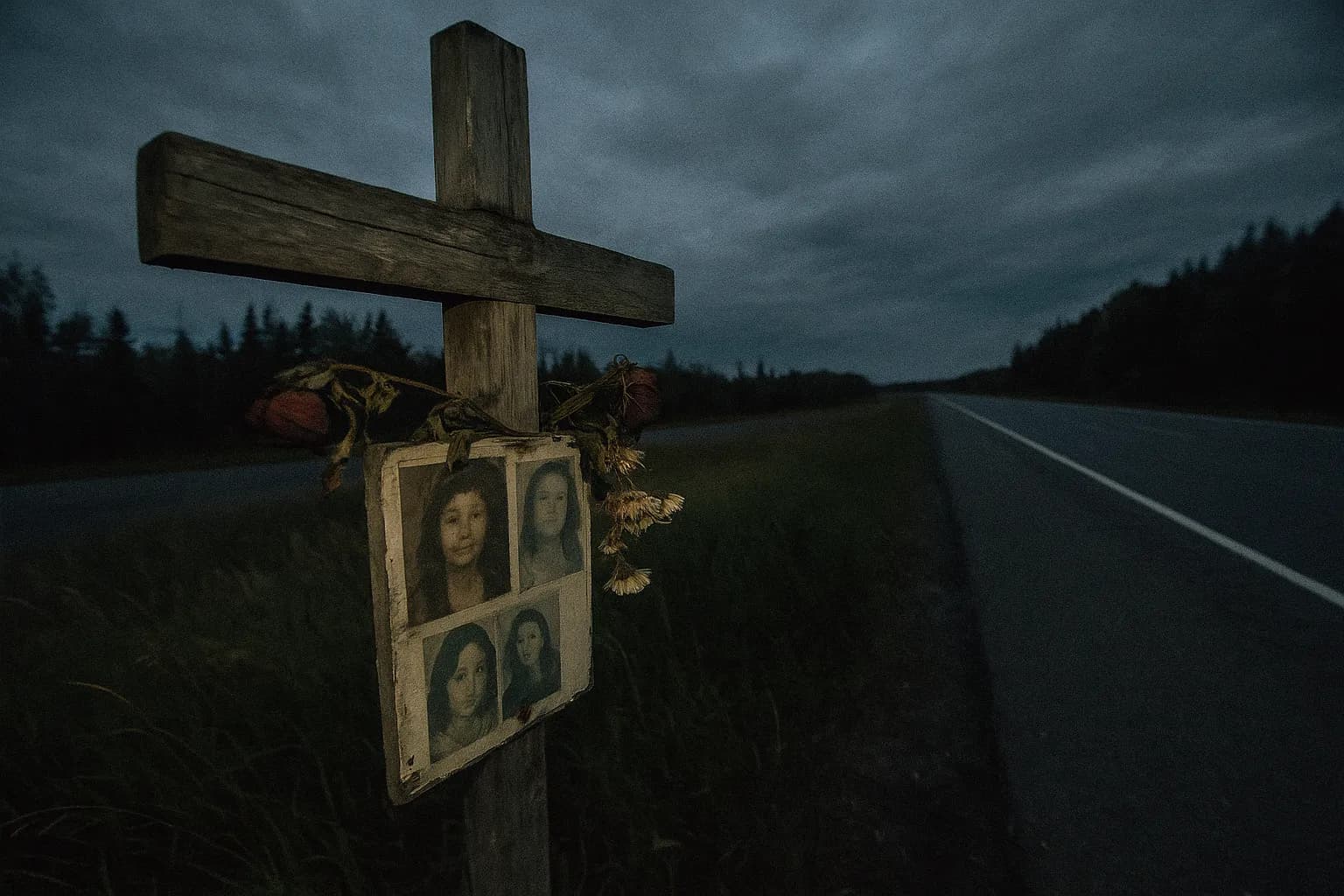 Et slidt og vejrbidt mindekors står ved siden af Canadas Highway 16, prydet med falmede fotografier og visne blomster, der symboliserer de uopklarede sager om forsvundne og myrdede kvinder langs ruten.