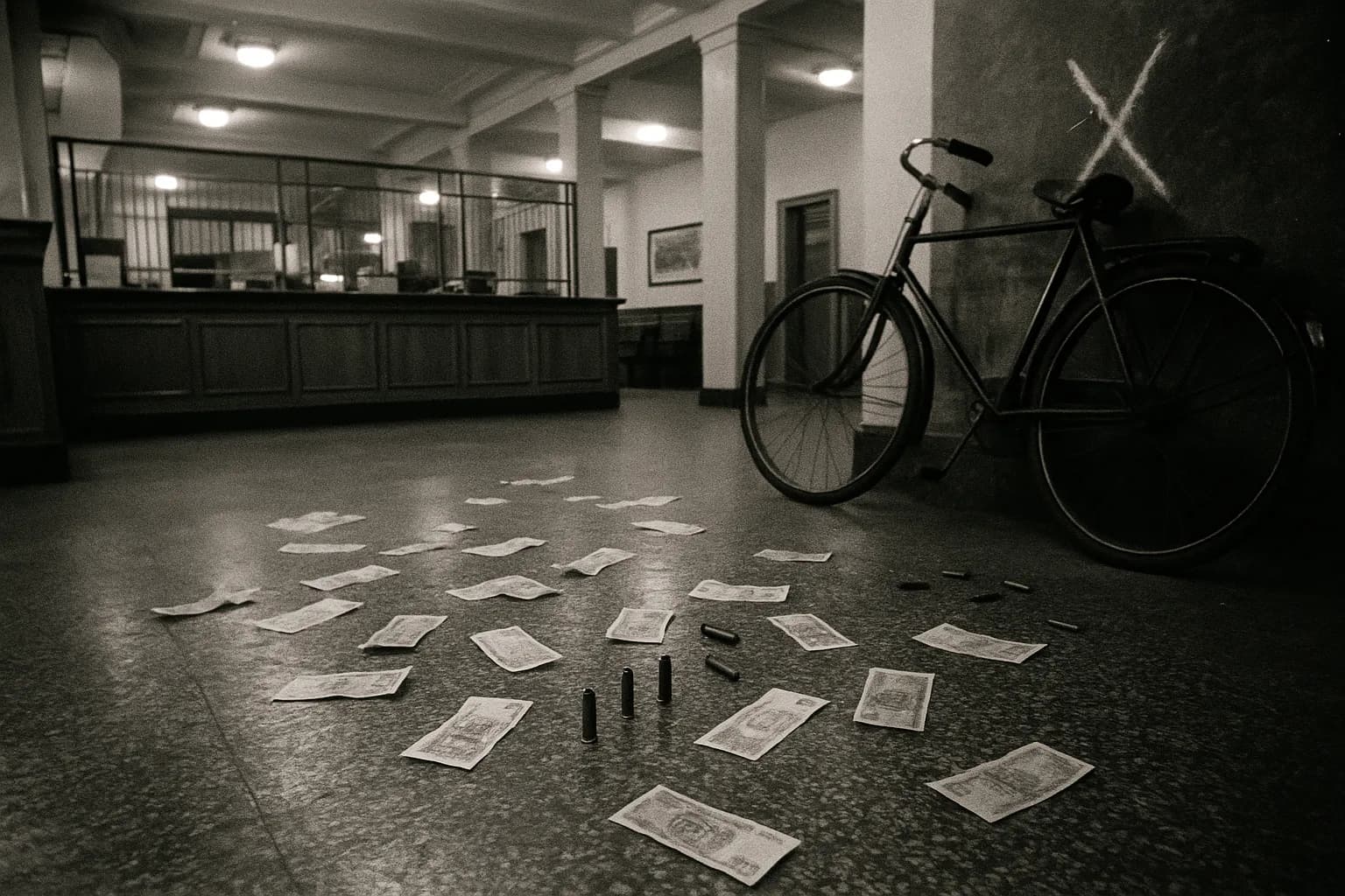En Landmandsbanken fra 1950'erne i København, interiør med spredte sedler og patronhylstre på gulvet, ved siden af en cykel der læner sig op ad en væg prydet med et kridttegnet 'X'-symbol.