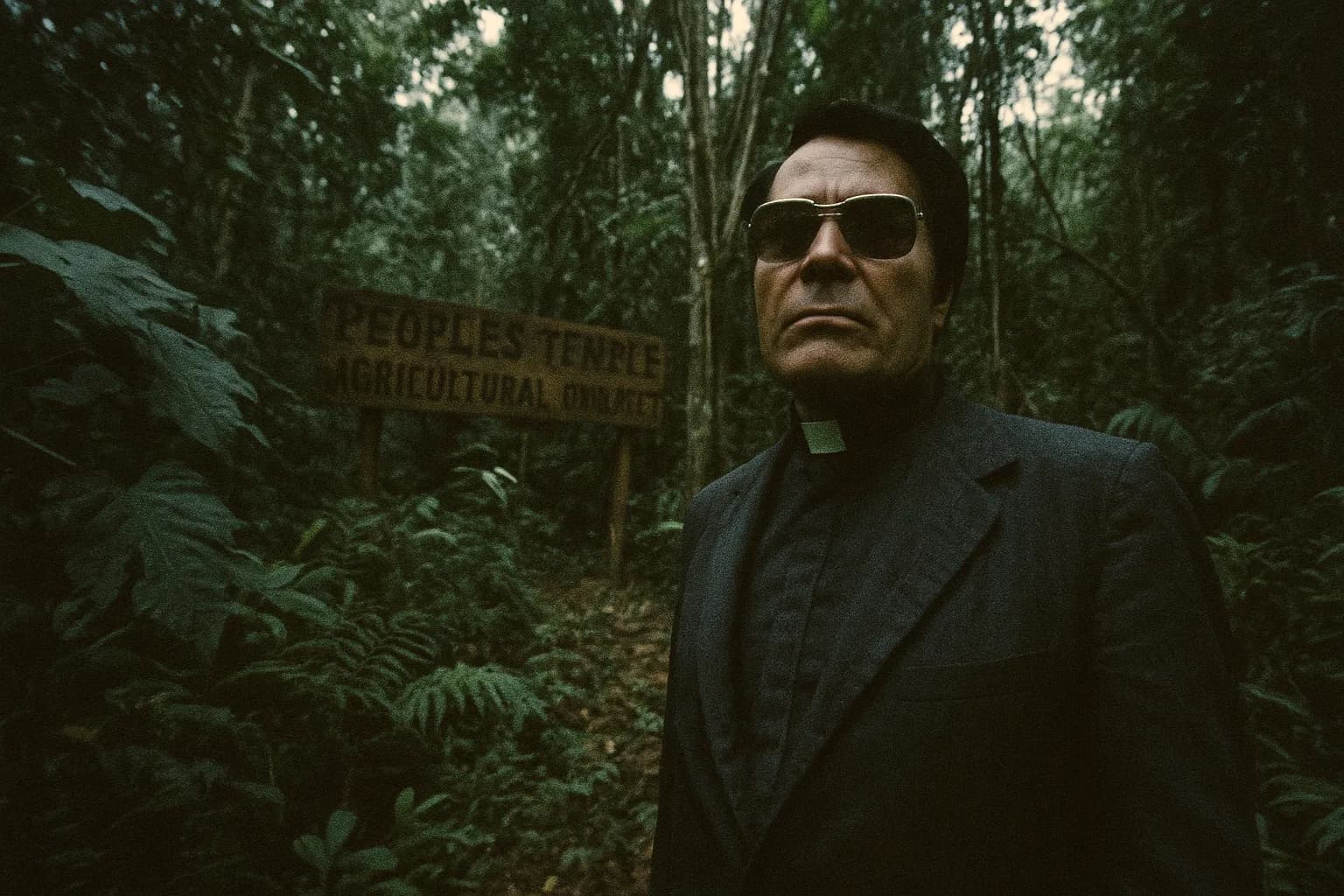 En skikkelse, der ligner Jim Jones, iført solbriller og en præstekrave, står blandt tæt junglevegetation i Guyana. Et træskilt med teksten 'Peoples Temple Agricultural Project' er delvist synligt bag træerne.