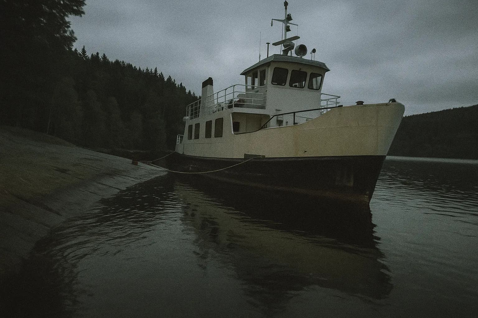 En lille færgebåd, MS Thorbjørn, ligger til kaj ved en stille sø, med tæt skov i baggrunden, der symboliserer den bedrageriske rejse til Utøya under Anders Behring Breiviks angreb.