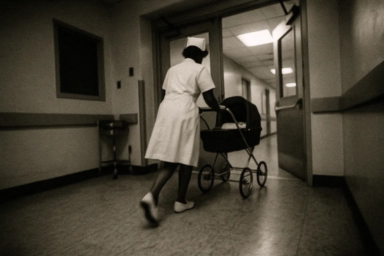 En hospitalsgang i Harlem, 1987, med en skikkelse, der ligner en sygeplejerske, forsigtigt skubbende en barnevogn gennem en udgang, hendes bagside skjuler både hendes identitet og det sovende spædbarn i barnevognen.