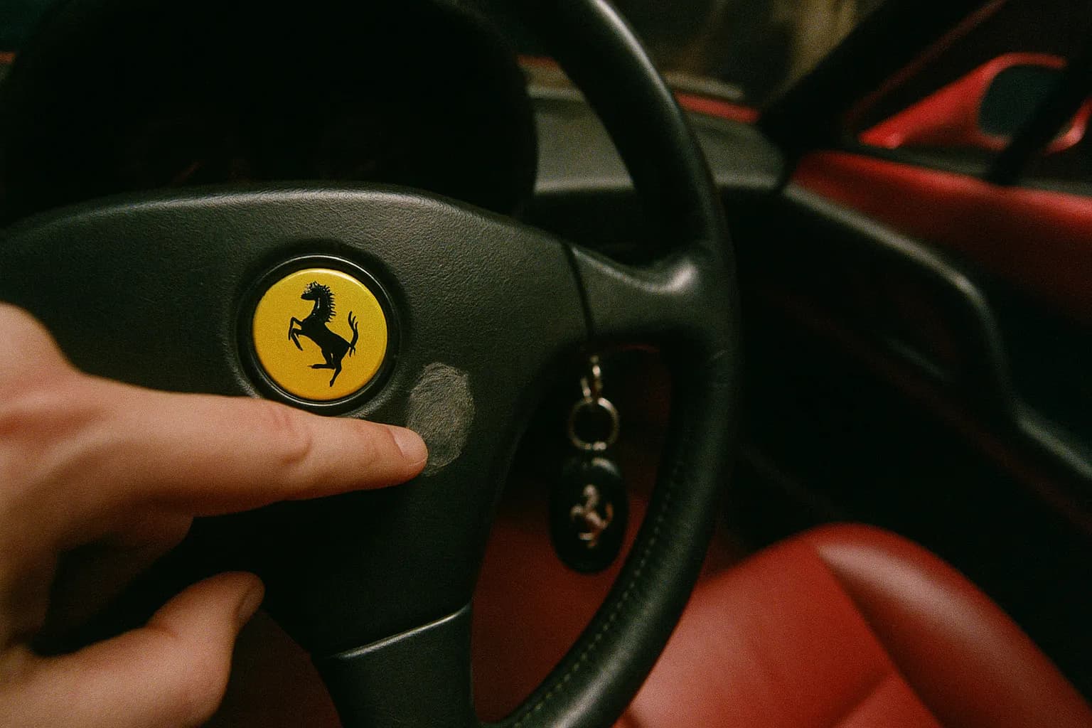 En finger trykker let på et støvet fingeraftryk på rattet i en rød Ferrari, nøglerne dinglede i tændingen, hvilket symboliserer det øjeblik, hvor Valerio Vicceis flugtplan begyndte at gå i opløsning.