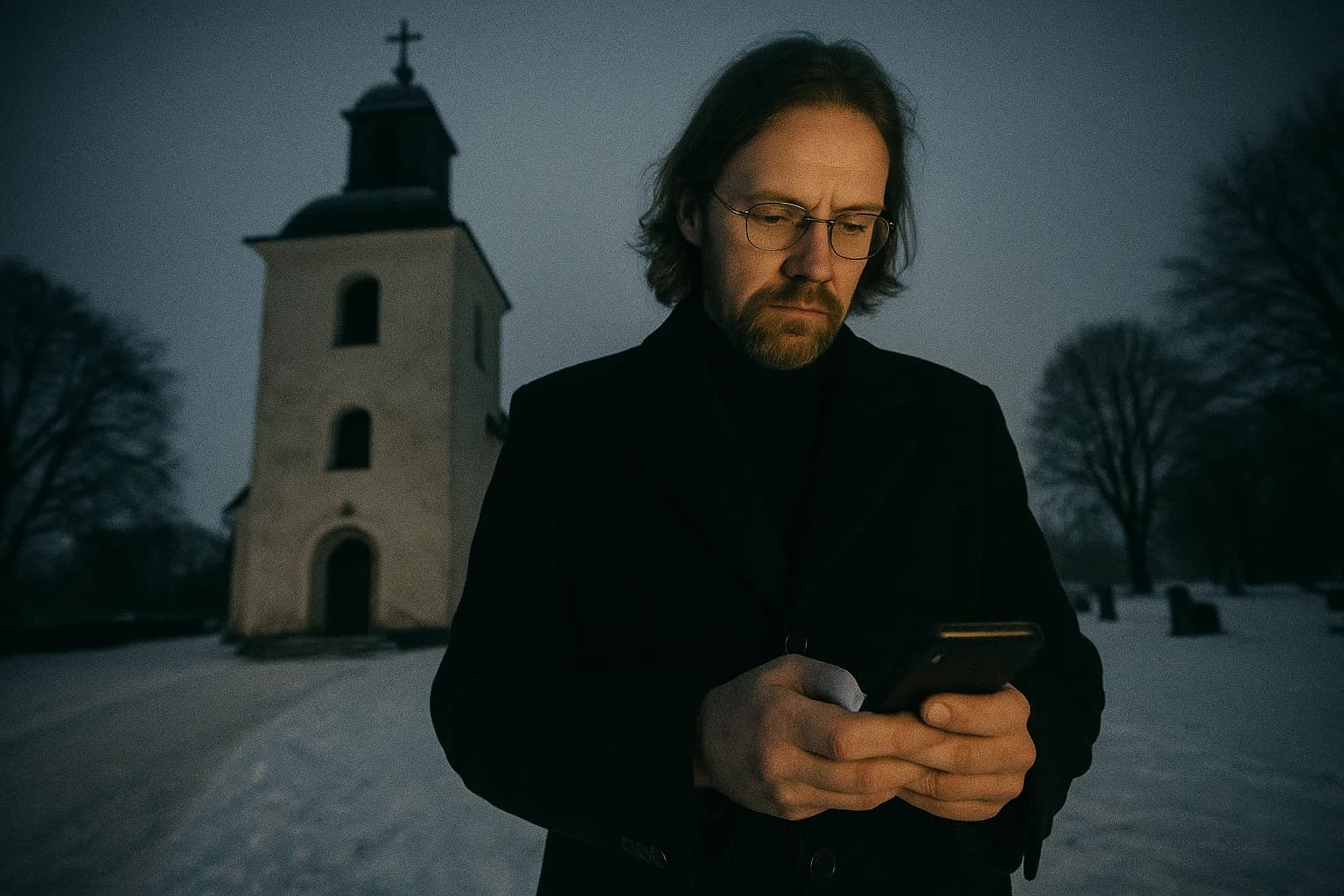 En figur, der ligner Helge Fossmo, står udenfor en svensk landsbykirke, holder en mobiltelefon med et højtideligt udtryk, mens sneen dækker jorden.