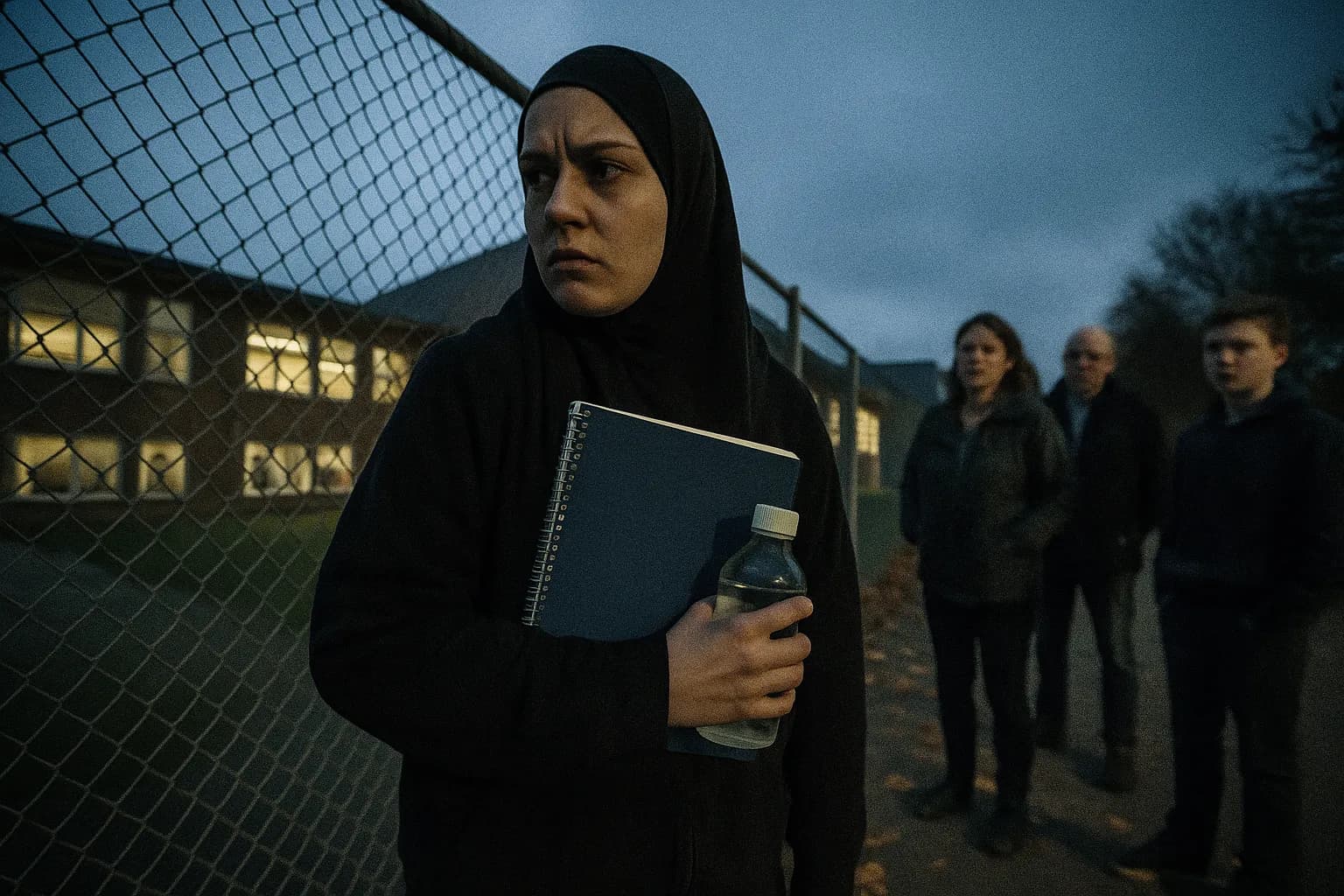 En person, der ligner Natascha Colding-Olsen, iført en hijab, står ved et skolehegn i Kundby, med en notesbog og en flaske kemikalier i hånden, mens bekymrede tilskuere er i nærheden, hvilket symboliserer hendes radikalisering og intentioner om terrorplaner.