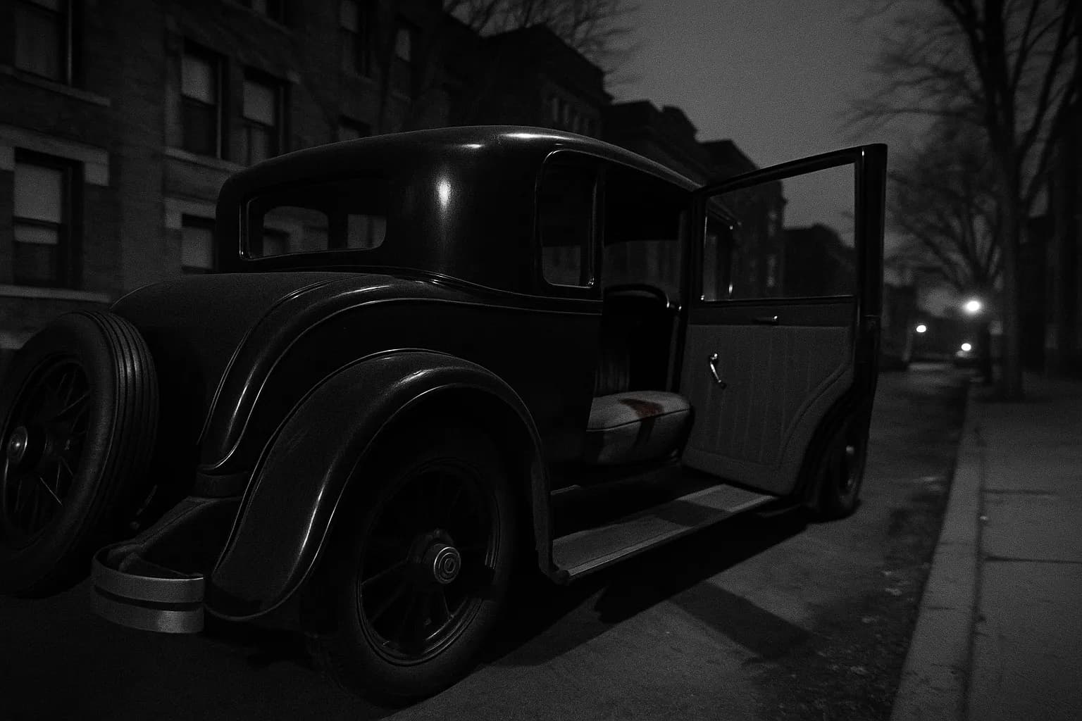 En vintage Willys-Knight bil parkeret på en stille gade i Chicago, dens bagdør står lidt på klem, en lille blodplet er synlig på sædet, hvilket fremkalder den uhyggelige start på Bobby Franks mord-sagen.