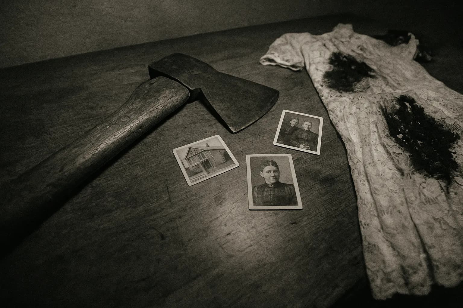 En velbrugt økse hviler på et træbord, dens håndtag viser tegn på alder, omgivet af gamle familiefotos og en delvis brændt kjole, der symboliserer det uløste mysterium om Borden-mordene.
