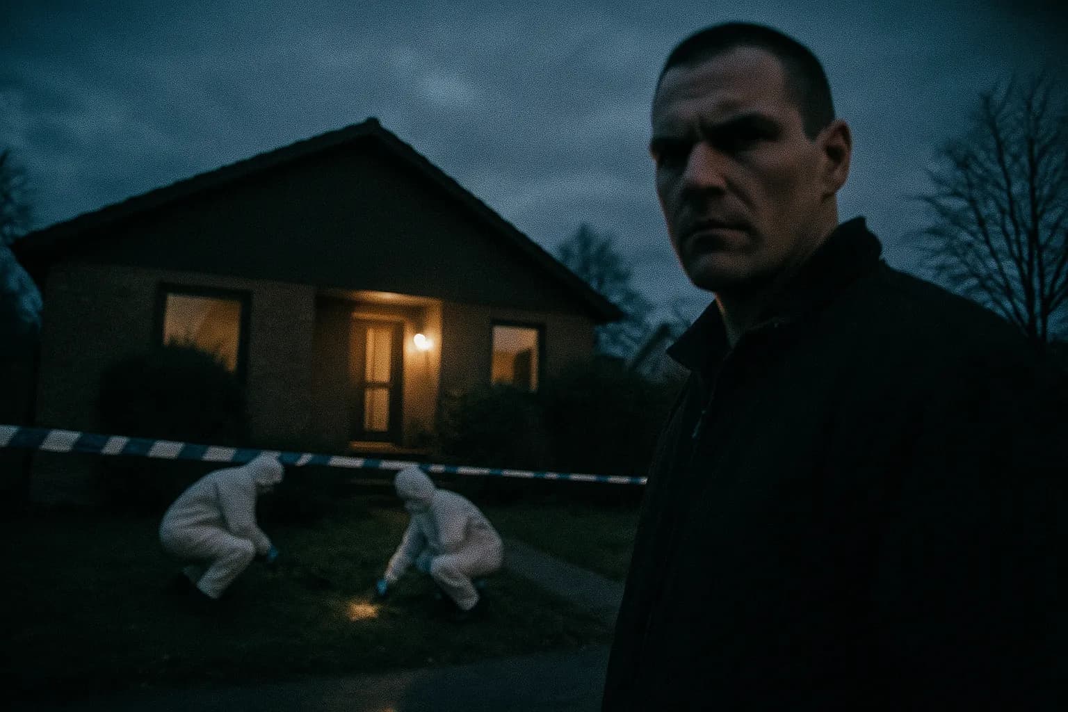 En skikkelse, der ligner Peter Lundin, står foran huset på Nørregårdsvej 26, Rødovre, Danmark, en dyster scene præget af politiafspærring og retsmedicinske efterforskere, der undersøger området.