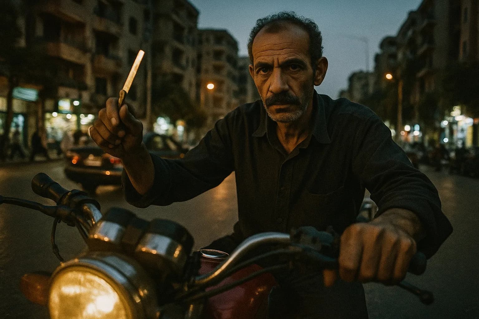 En skikkelse, der ligner Mahmoud Al-Sayed, sidder på en motorcykel nær Kairos Maadi-distrikt, en barberblad glinser i hans hånd, omgivet af byens travle gader.