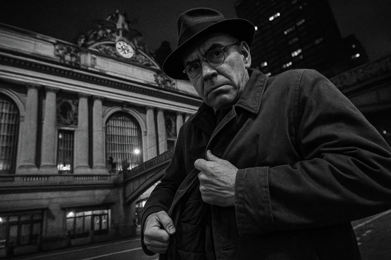 En person, der ligner George Metesky foran Grand Central Terminal i New York, diskret justerende en frakke med skjulte lommer.