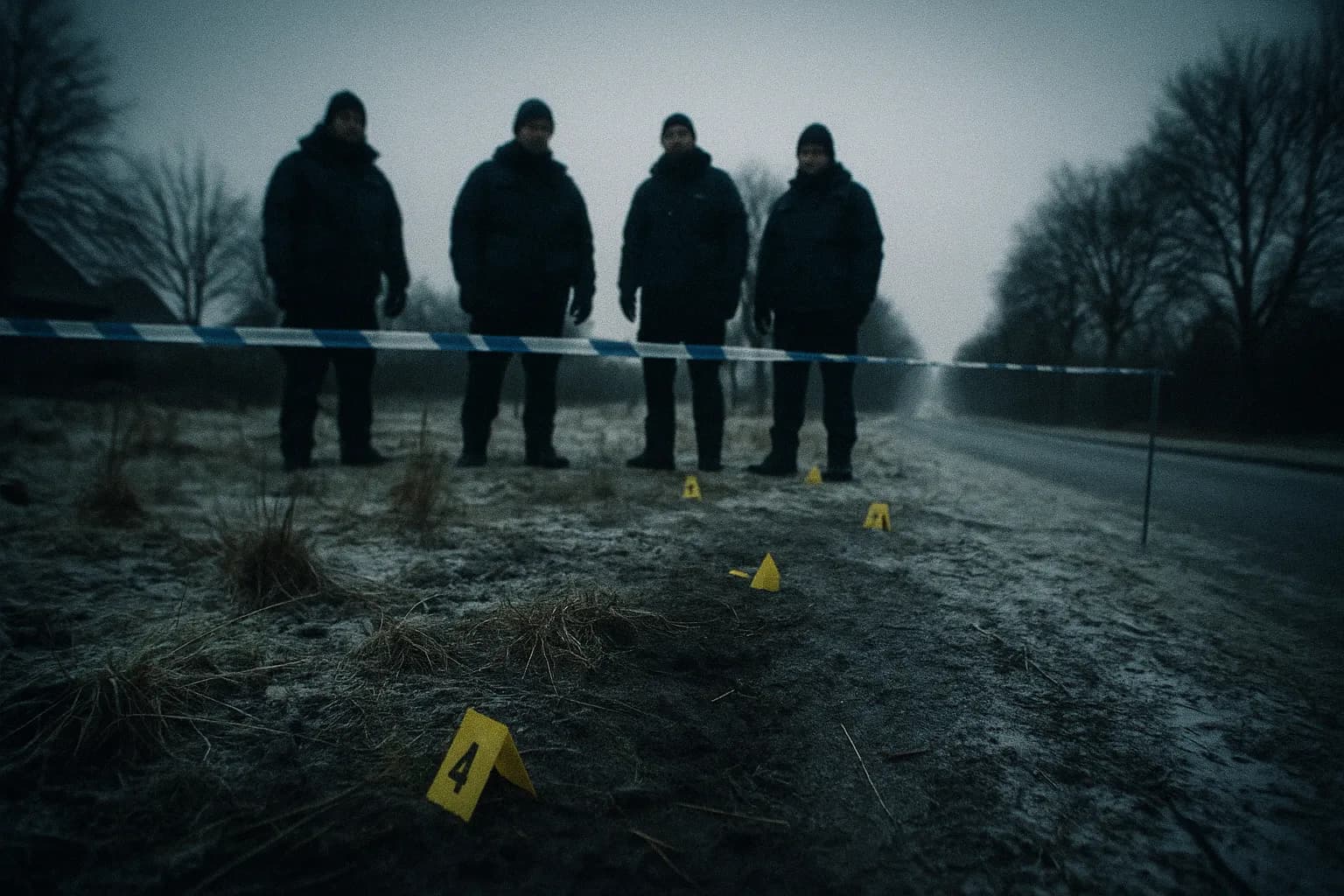 En uhyggelig scene på Rolighedsvej i Herning, hvor et eftersøgningshold står nær et afspærret område, landskabet er barsk og vinterligt. Markeringer og evidensflag antyder en tragisk opdagelse gjort under efterforskningen.