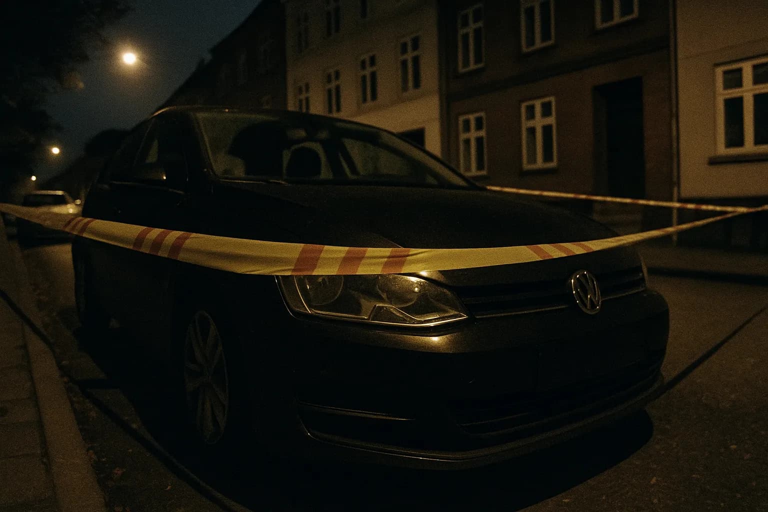 En Volkswagen Golf med polititape omkring den, parkeret på en svagt oplyst gade i Aalborg, Danmark, som symboliserer det sidste kendte sted, hvor Mia Skadhauge Stevn befandt sig før hendes forsvinden.