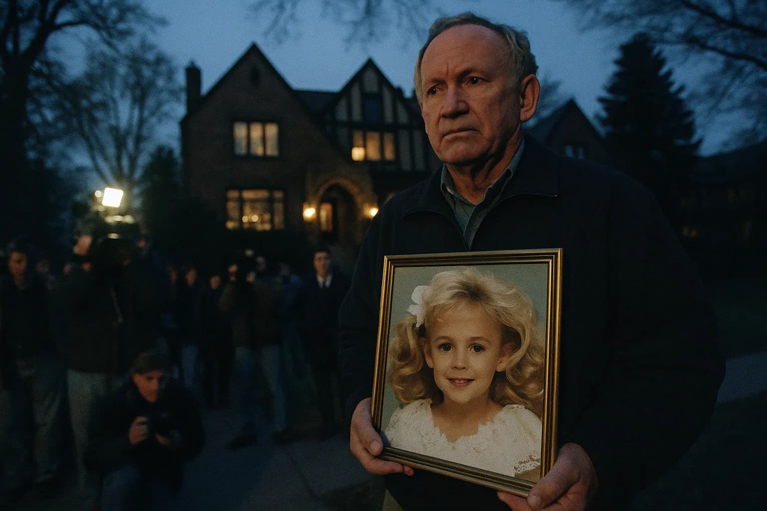 En person, der ligner JonBenét Ramseys far, John Ramsey, står udenfor deres hjem på 15th Street i Boulder, Colorado, og holder et portræt af JonBenét midt i et hav af medier og tilskuere.