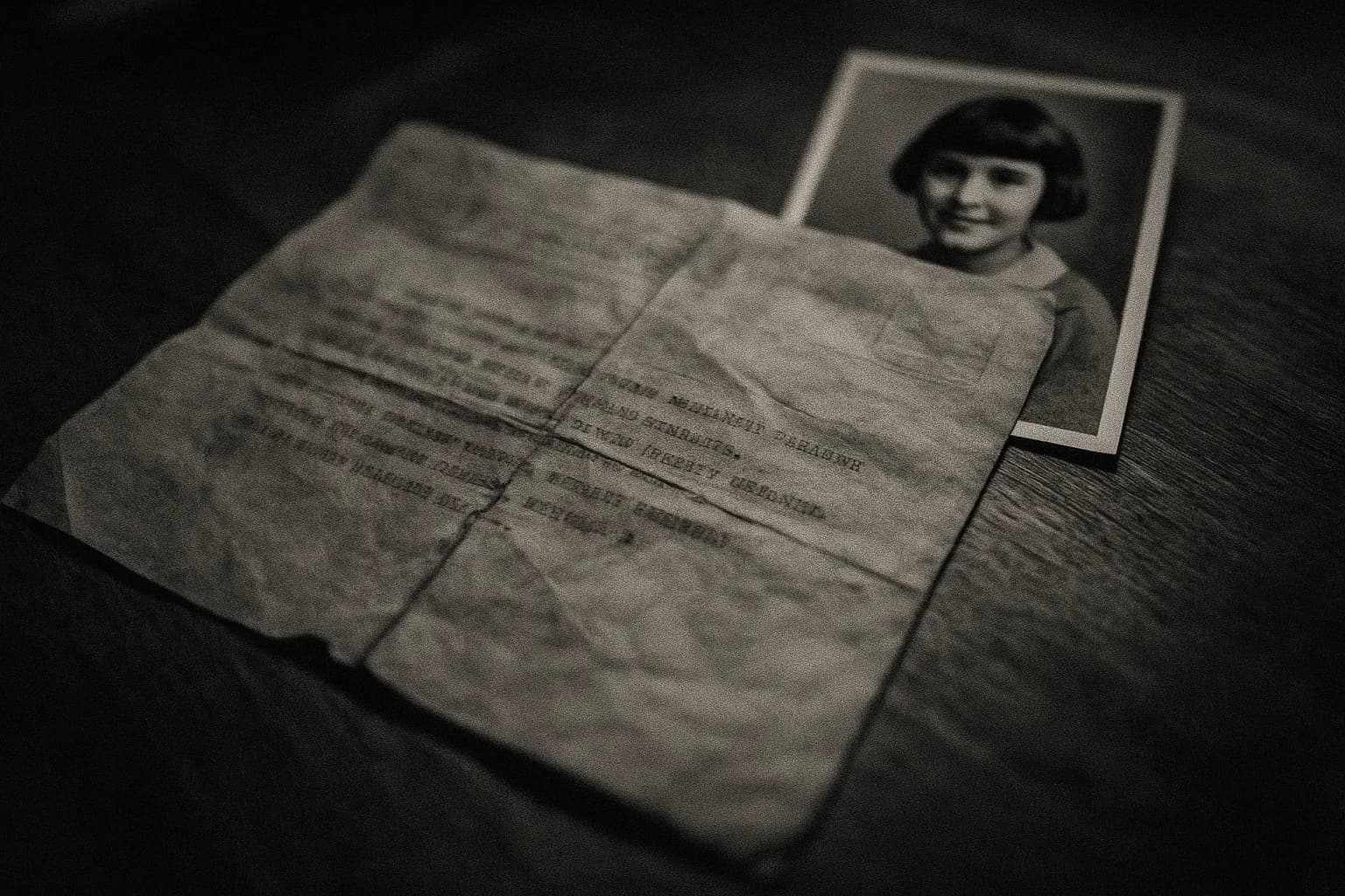 Et telegram fra 1920'erne med løsesumskrav, krøllet og aldrende, ligger på et bord sammen med et vintagefoto af 12-årige Marion Parker, der symboliserer den berygtede kidnapningssag i Los Angeles.