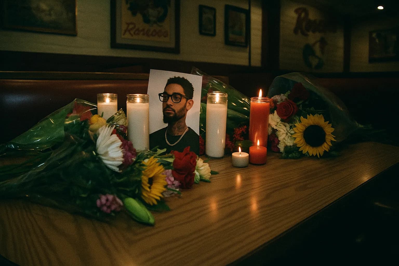 Et bord på Roscoe's diner er omgivet af blomster og lys som et midlertidigt mindesmærke for PnB Rock, med hans foto hvilende blandt hyldesterne.