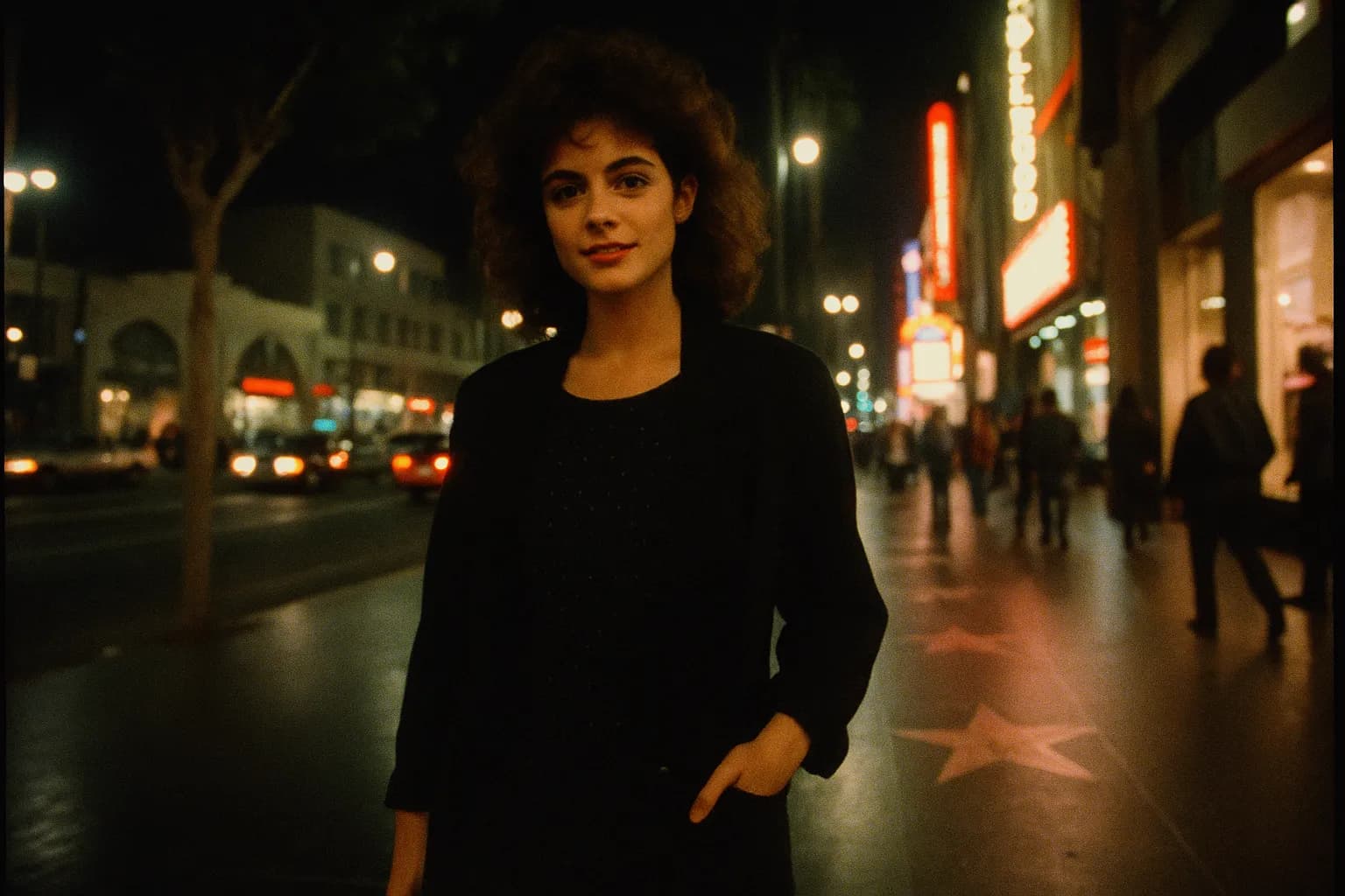 En figur, der ligner Rebecca Schaeffer, poserer på en travl gade i Hollywood omgivet af stjernebesatte fortove, hvilket indfanger essensen af hendes stigende berømmelse før tragedien indtraf.