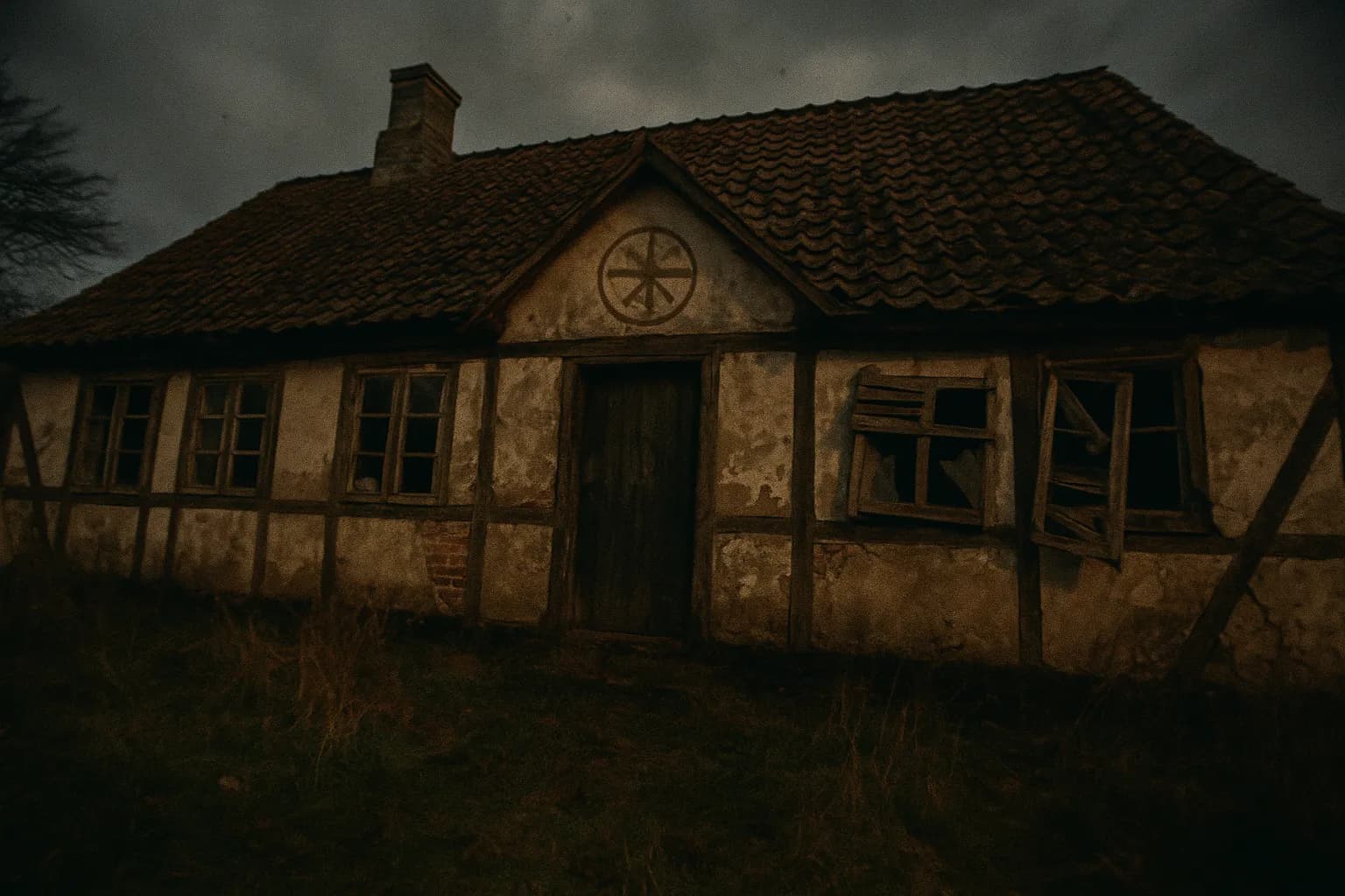 En naverens traditionelle, rustikke hjemsted i Snestrup, Danmark, med tegn på forfald og falmende kulturelle symboler, der tavst repræsenterer den uløste lokale konflikt og mysteriet om Henning N.'s mord i 1985.