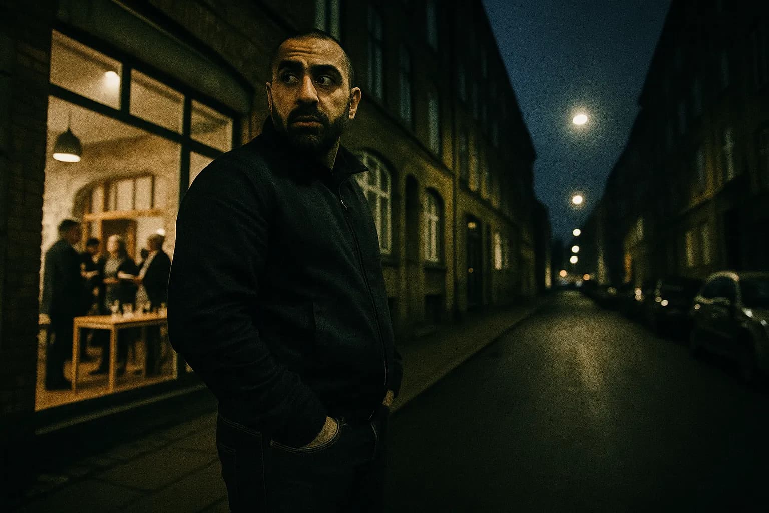 En skikkelse, der ligner Nedim Yasar, står uden for et bogreceptionsted, med hænderne i lommerne, og kigger forsigtigt over skulderen på en svagt oplyst gade i Danmark, hvor hans historie om at forlade bandelivet udfoldede sig.