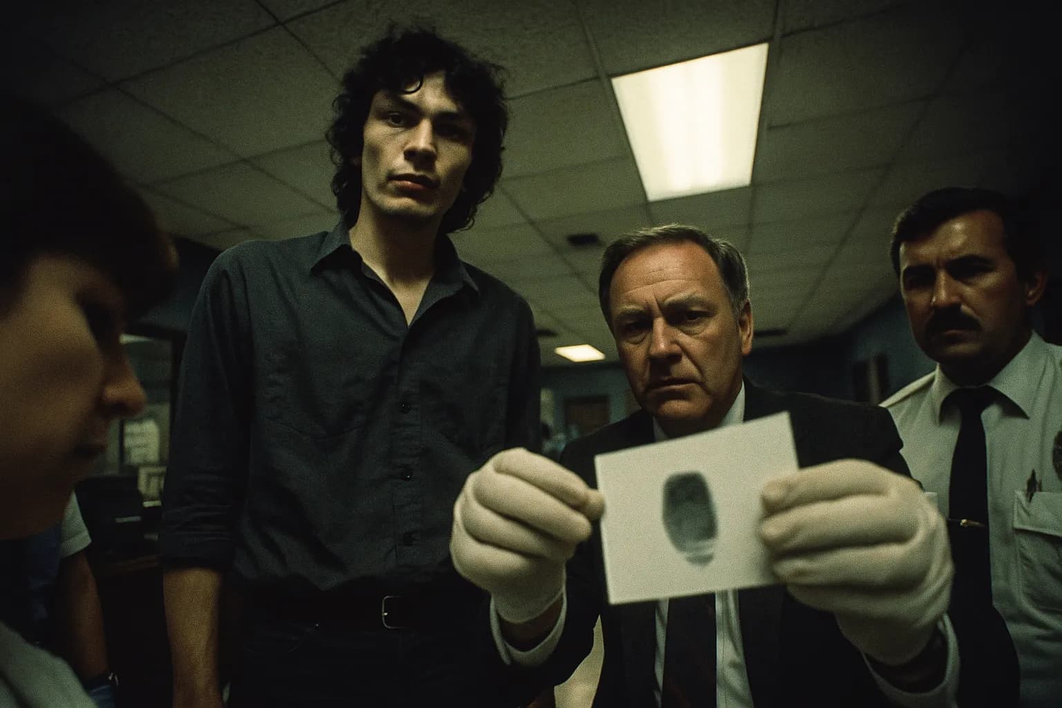 En skikkelse, der ligner Richard Ramirez, står i en svagt oplyst politistation, omgivet af kriminaltekniske efterforskere, mens de undersøger et fingeraftryk fra et gerningssted, der førte til hans anholdelse i 1985.