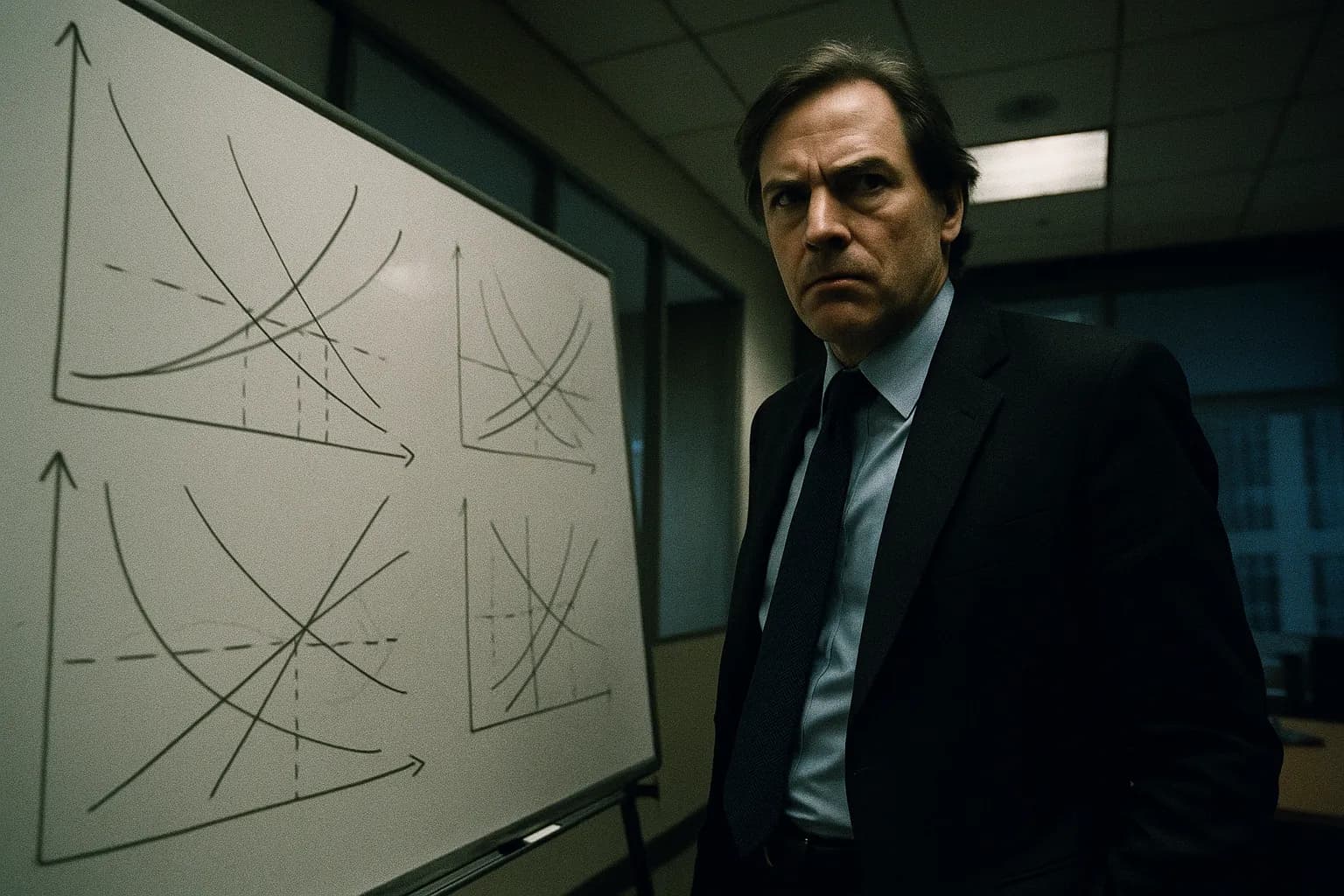 En person, der ligner Michael Woodford, står ved siden af en whiteboard fyldt med finansielle diagrammer i et kontor, en følelse af spænding og beslutsomhed er tydelig i hans ansigtsudtryk.