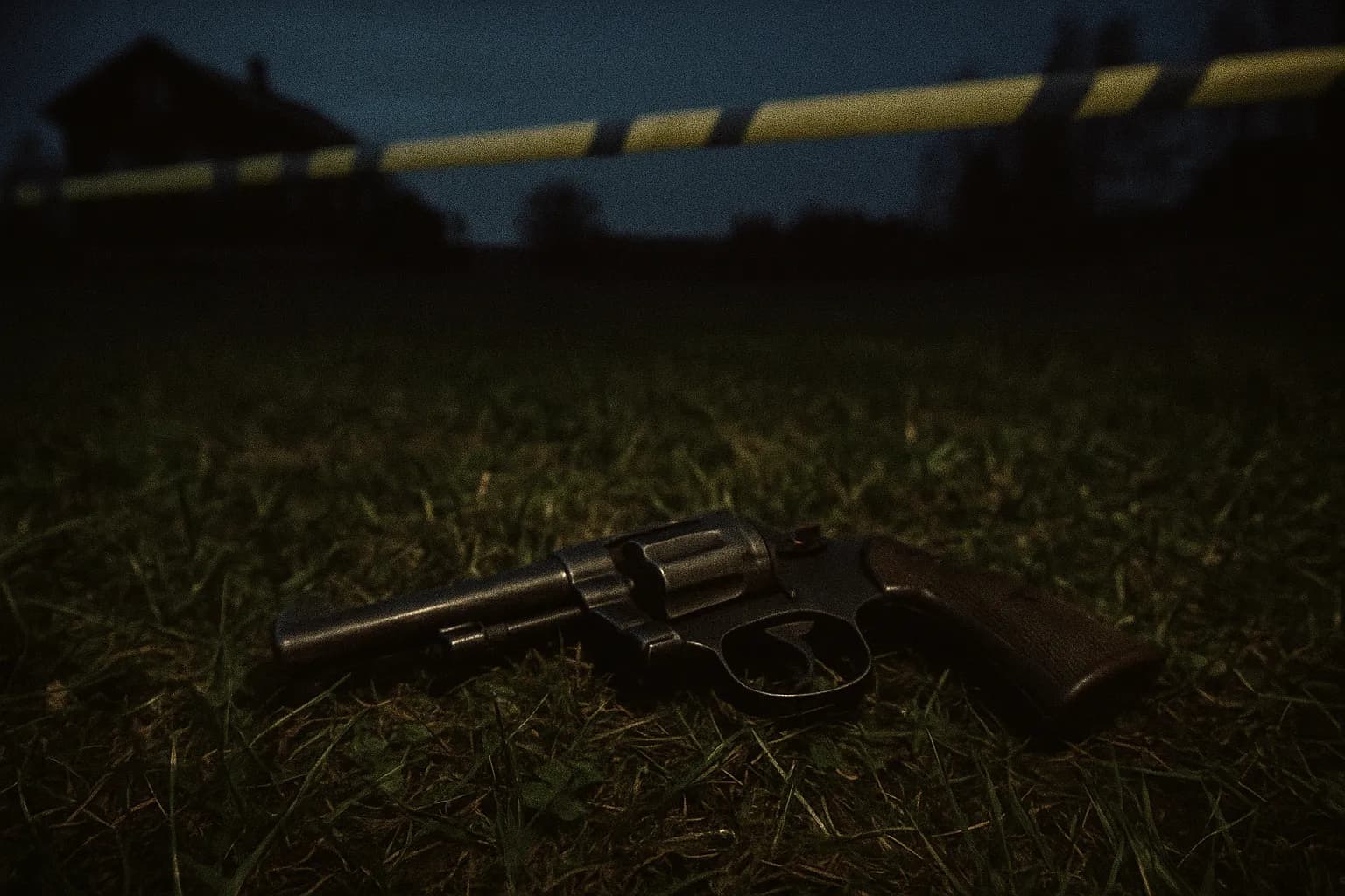 En forladt .38 kaliber revolver ligger på de græsbevoksede arealer på Orderud Farm, omgivet af politiafspærring, hvilket antyder mysteriet om det uopklarede tredobbeltmord i Norge i 1999.