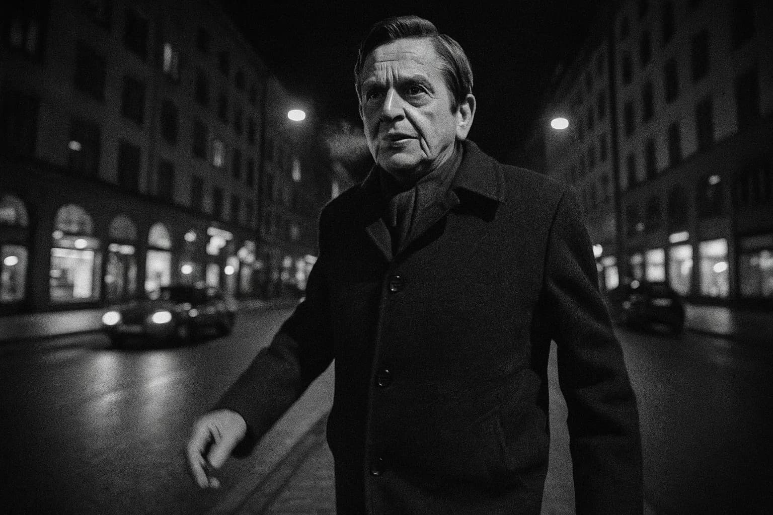 En skikkelse, der ligner Olof Palme, går langs Sveavägen i Stockholm under en kold nat, hans åndedræt synligt i den kølige luft, få øjeblikke før den tragiske begivenhed, der ville forblive uopklaret i årtier