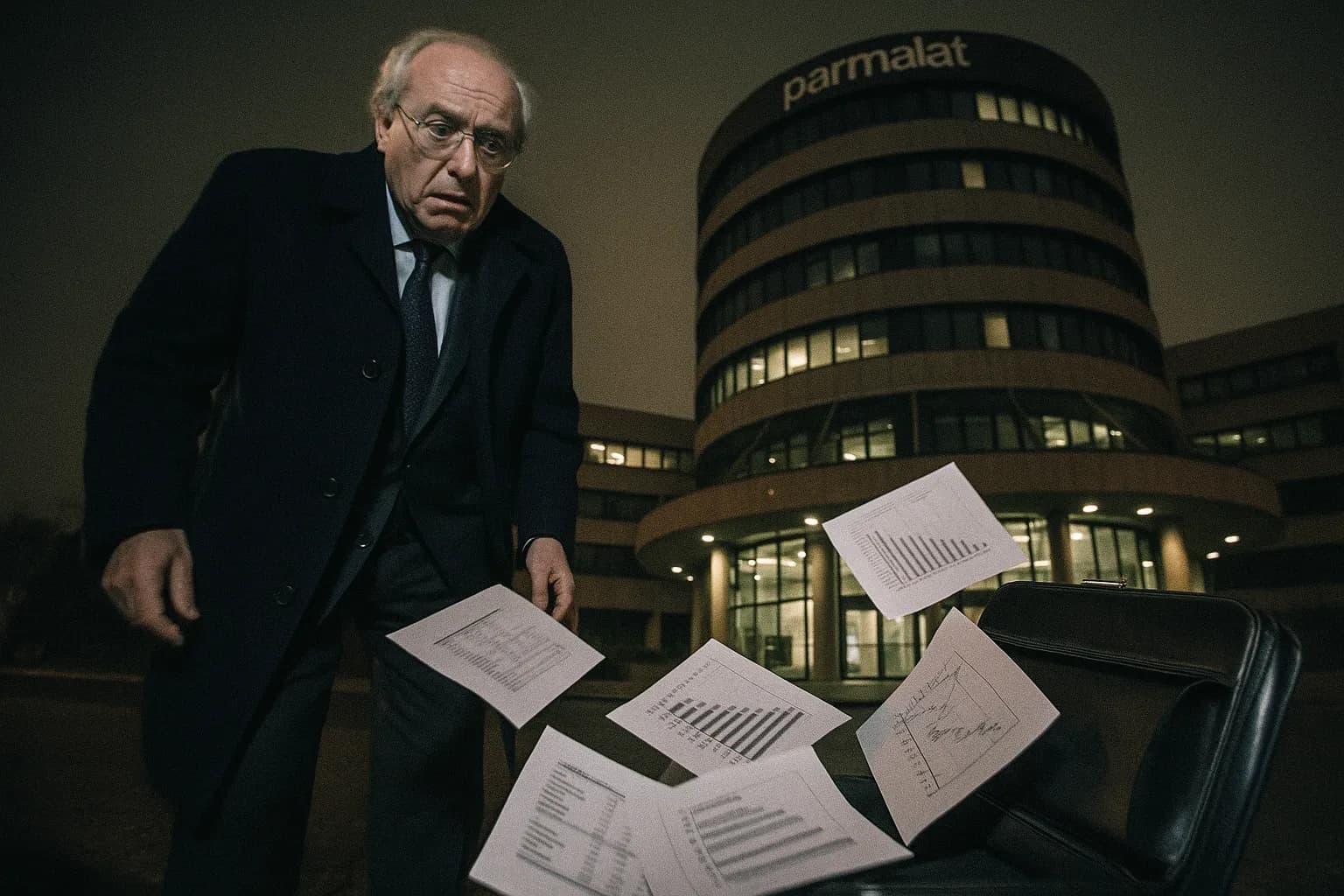 En skikkelse, der ligner Calisto Tanzi, står foran Parmalat-hovedkvarteret, hans udtryk er en blanding af vantro og bekymring, mens papirer med finansielle data vælter ud af en attachémappe og rammer jorden.
