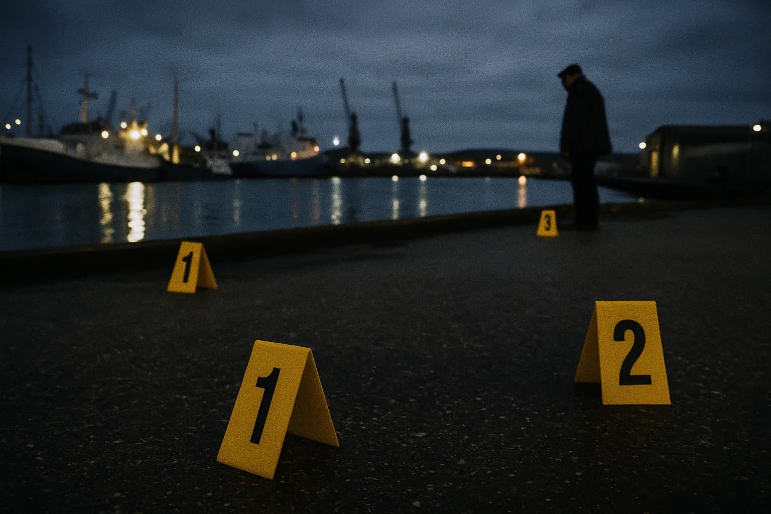 Udsigt over Frederikshavn Havn, hvor Brita Hansens lig blev fundet, med politiets bevismarkører og en fjern skikkelse, der ligner Pedal-Ove, der står nær vandet.