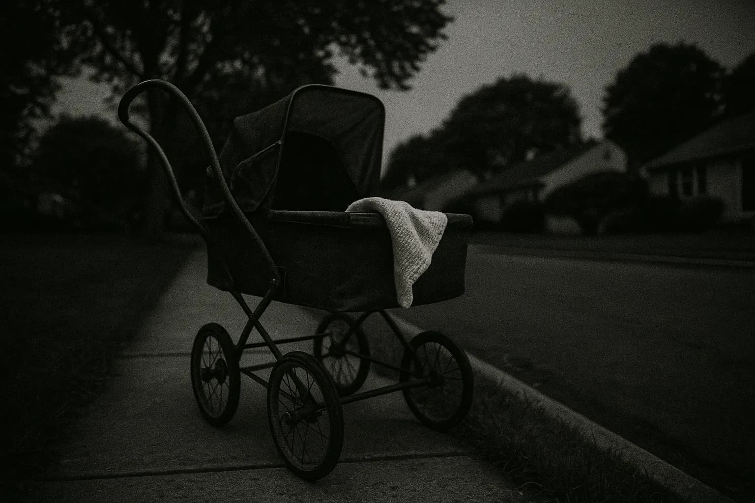 En slidt barnevogn står tom på et fortov i forstæderne på Long Island, et lille tæppe glider over kanten, hvilket symboliserer den hjemsøgte forsvinden af spædbarnet Peter Weinberger.