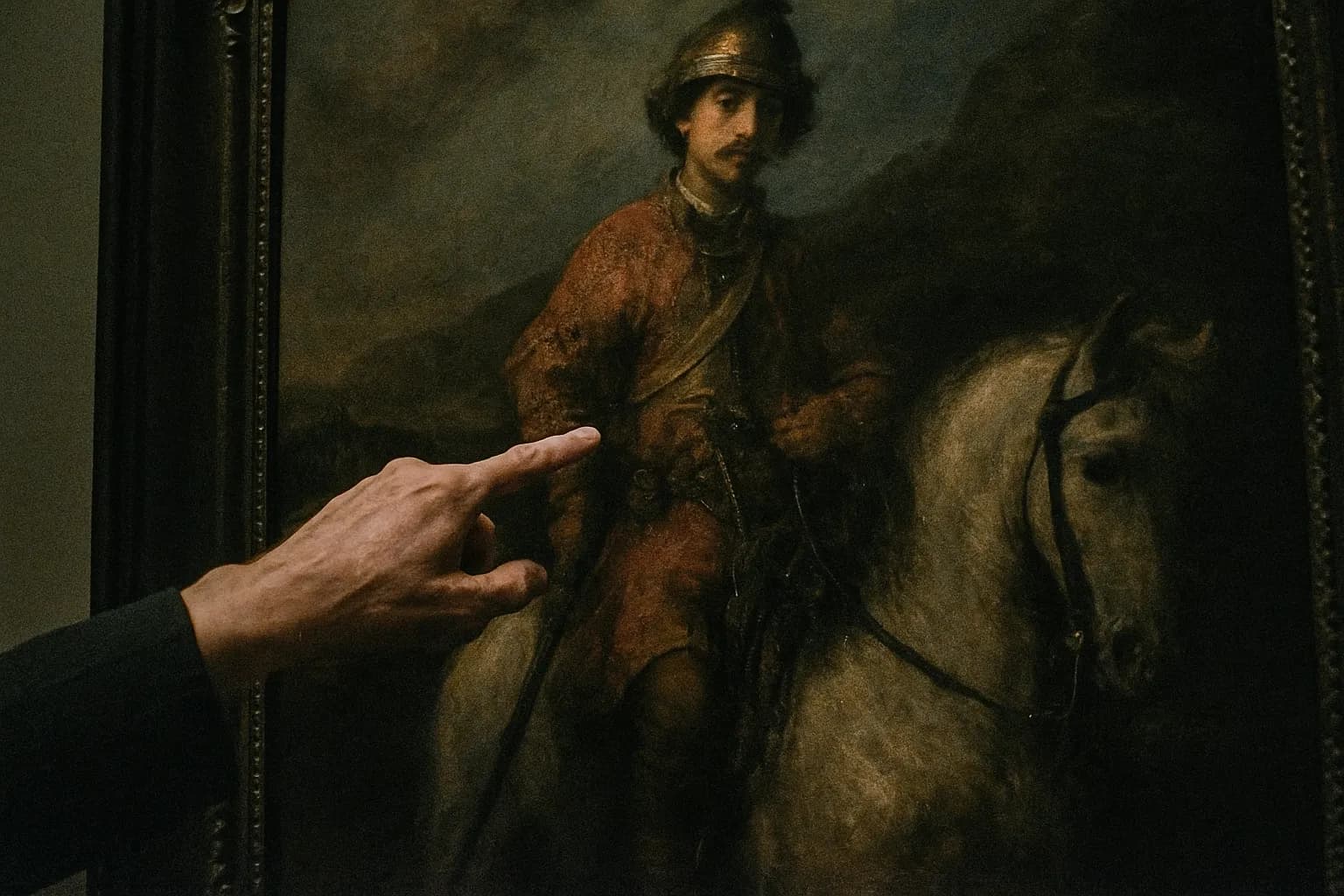 Et nærbillede af maleriet 'Den polske rytter', hvor en kunsthistorikers hånd omhyggeligt peger på fine detaljer på lærredet og fremhæver områder af interesse til analyse og diskussion.