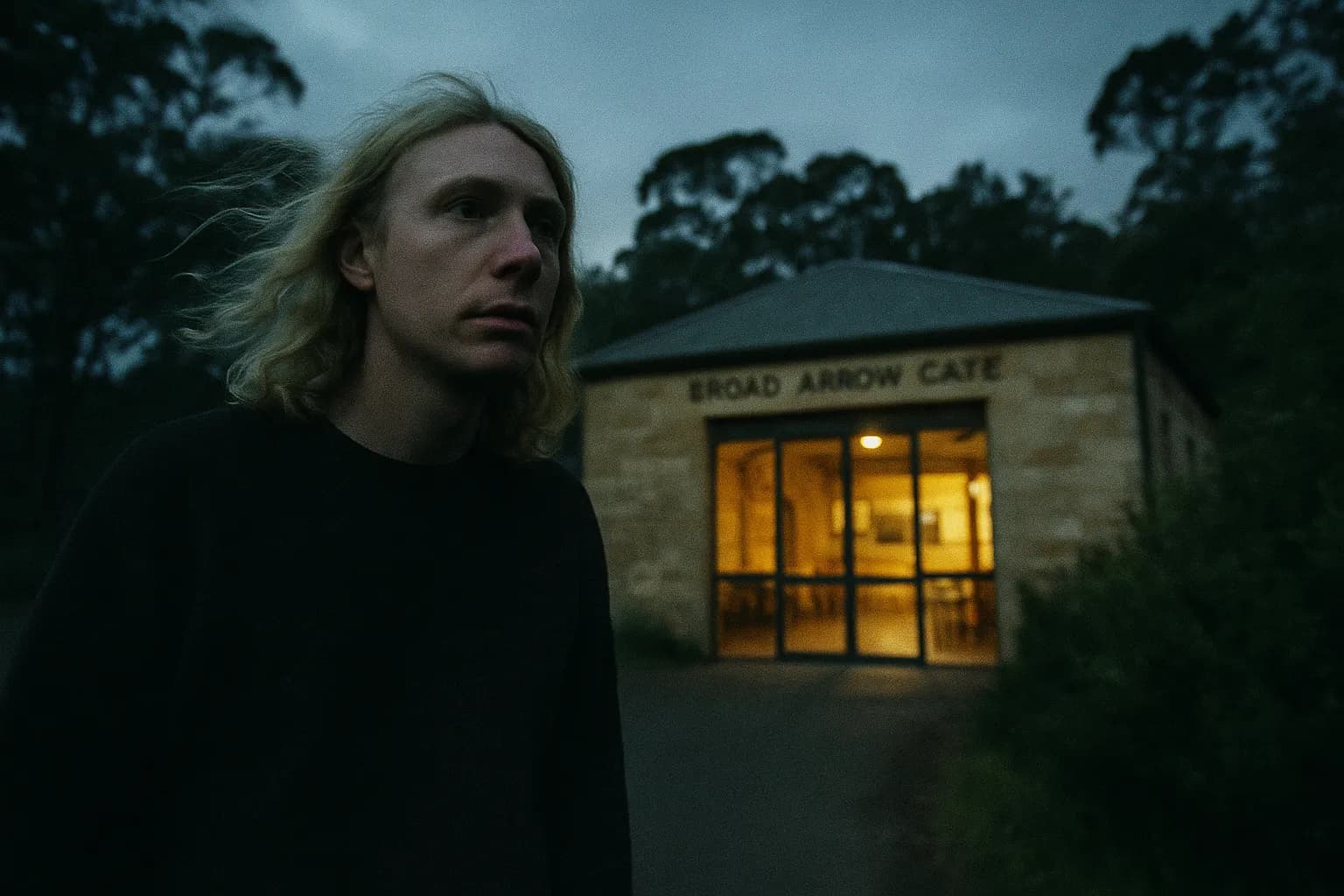 En skikkelse, der ligner Martin Bryant, står uden for Broad Arrow Café i Port Arthur, Tasmanien, en let brise rasler i de nærliggende buske, mens den fredelige scene skjuler tragedien, der udfoldede sig inden for dens vægge.