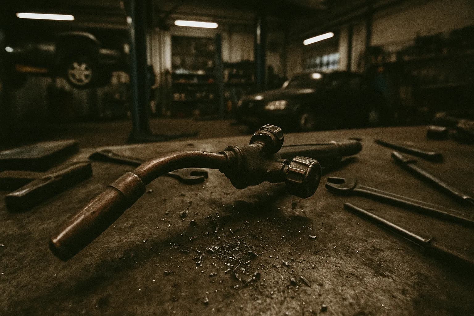 En svejselampe hviler på en arbejdsbænk inde i et autoværksted i Berlin, omgivet af spredte værktøjer og metalspåner, der antyder den omhyggelige forberedelse til et dristigt bankkup af Sass-brødrene.