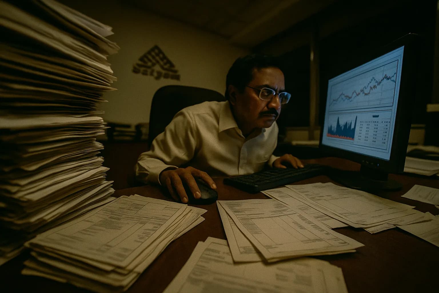 Et rodet kontorbord med stakke af forfalskede fakturaer og dokumenter, med en figur der ligner B. Ramalinga Raju, som er intenst fokuseret på en computerskærm, der viser manipulerede finansielle data hos Satyam Computer Services.