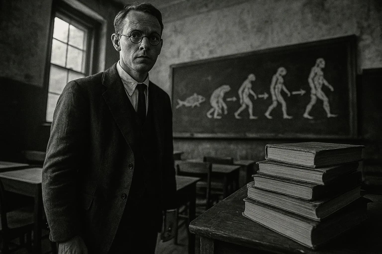 En figur, der ligner John Scopes, står i et klasseværelse i Dayton, omgivet af forældede naturfagbøger og en tavle med evolutionære diagrammer, der fanger spændingen mellem uddannelse og lovgivning.