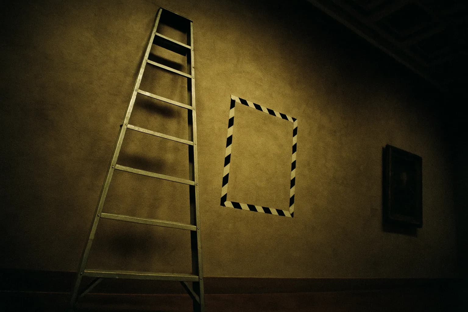 En stige læner sig op ad væggen på et museum i Oslo, med afmærkningstape på stedet, hvor Munchs 'Skriget' blev stjålet, hvilket betyder de berygtede kunsttyverier i 1994 og 2004.