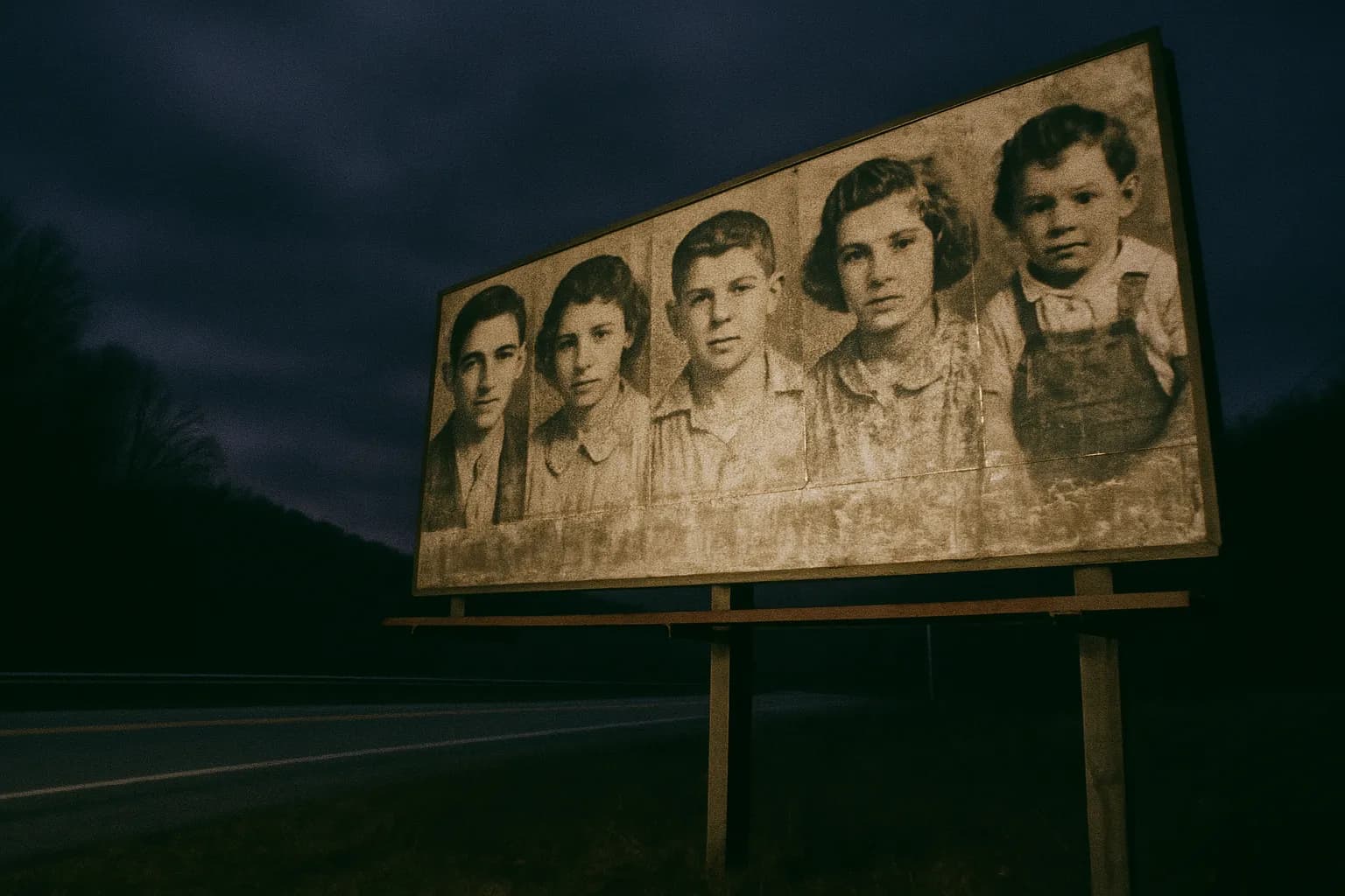En vejkantreklame i West Virginia viser billeder af de forsvundne Sodder-børn, sammen med falmet tekst og vejrslidte fotos, der symboliserer familiens årtier lange søgen efter sandhed og afslutning.