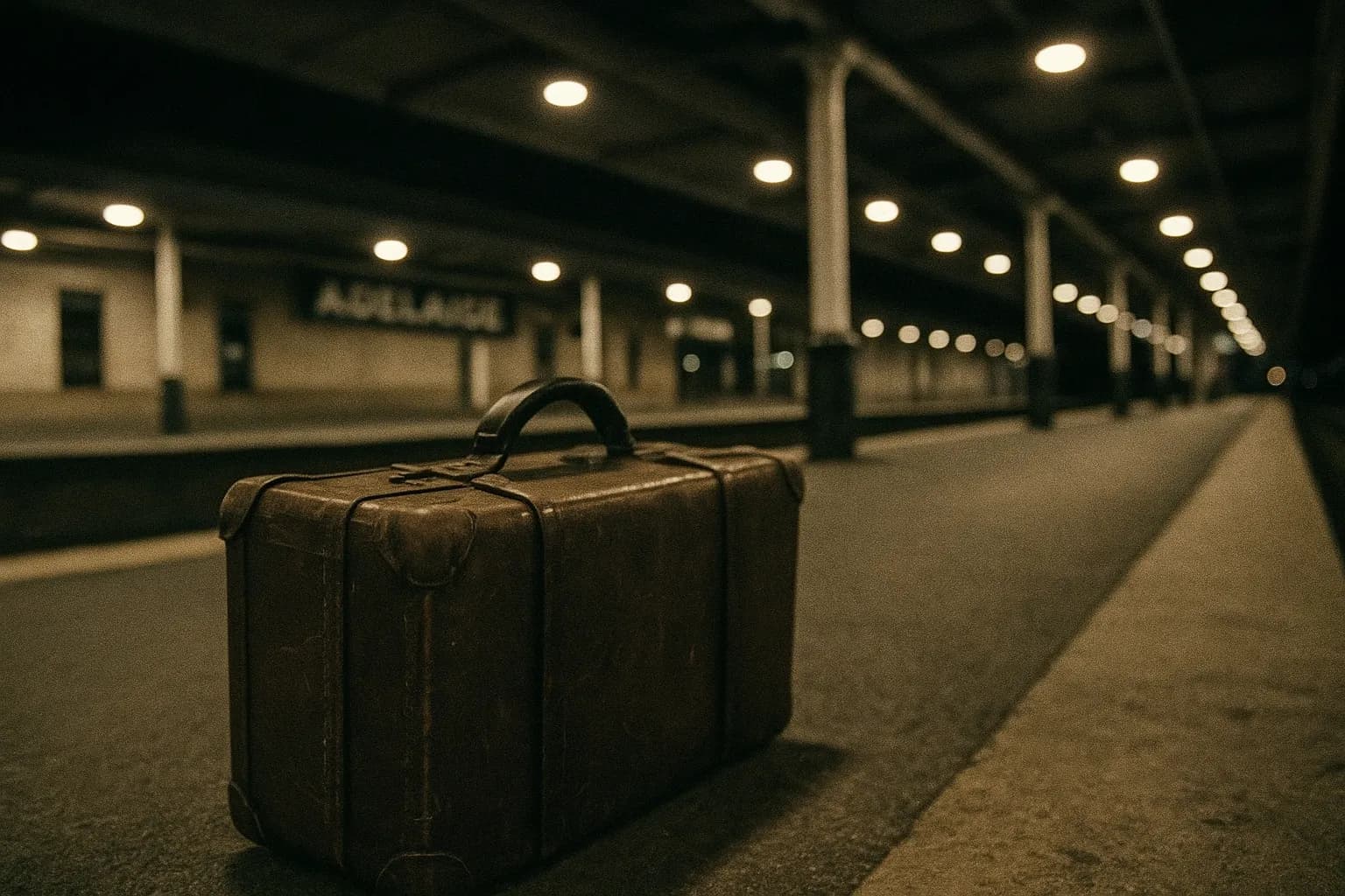 En slidt kuffert sidder forladt på en perron på Adelaide Station, dens mærker er fjernet, hvilket symboliserer Somerton Man-mysteriet og den potentielle identifikation af Carl Webb gennem DNA-forskning.