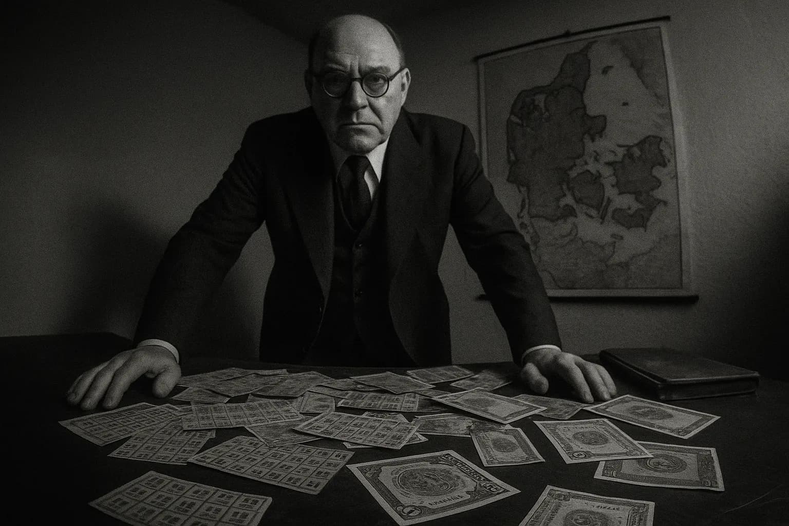 En skikkelse, der ligner Svend Aage Hasselstrøm, står bag et rodet skrivebord fyldt med rationeringsmærker og valuta, mens et kort over det besatte Danmark hænger på væggen, hvilket symboliserer hans sortbørssimperium.