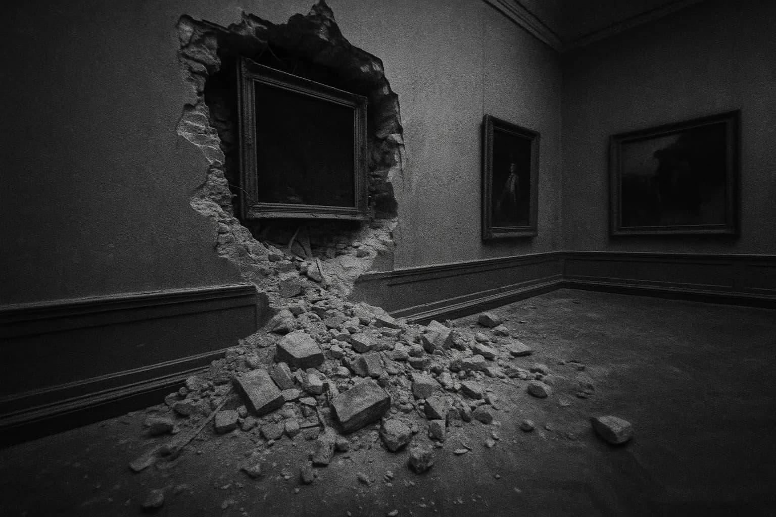 Et falmet sort-hvid fotografi af en ødelagt kunstgallerivæg i Dresden, murbrokker spredt ud over gulvet, med et tomrum hvor Courbets 'Stenhuggerne' engang hang, hvilket antyder krigstidskaos og tab